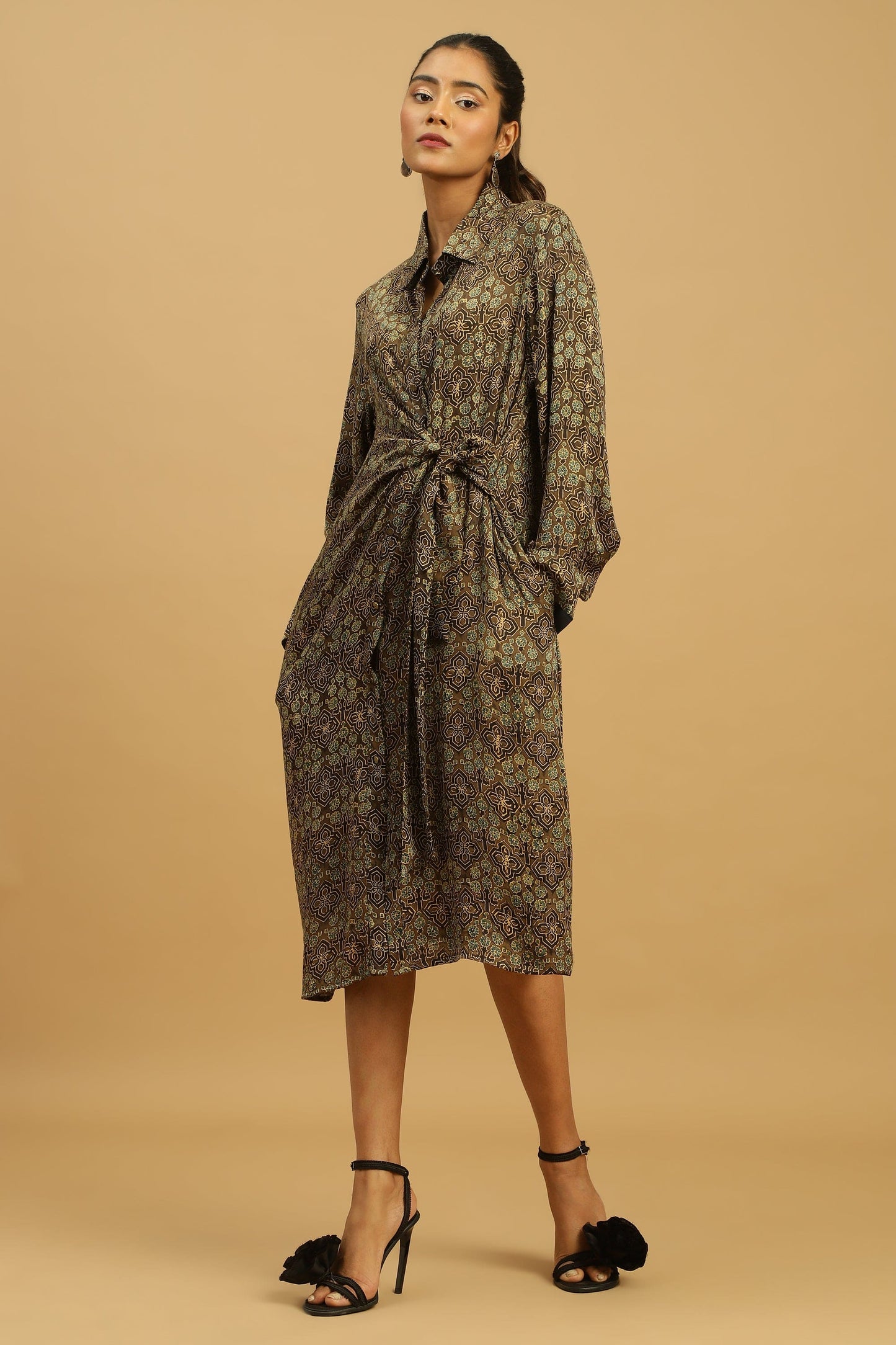 TAUPE JAAL COTTON SILK AJRAKH WRAP DRESS