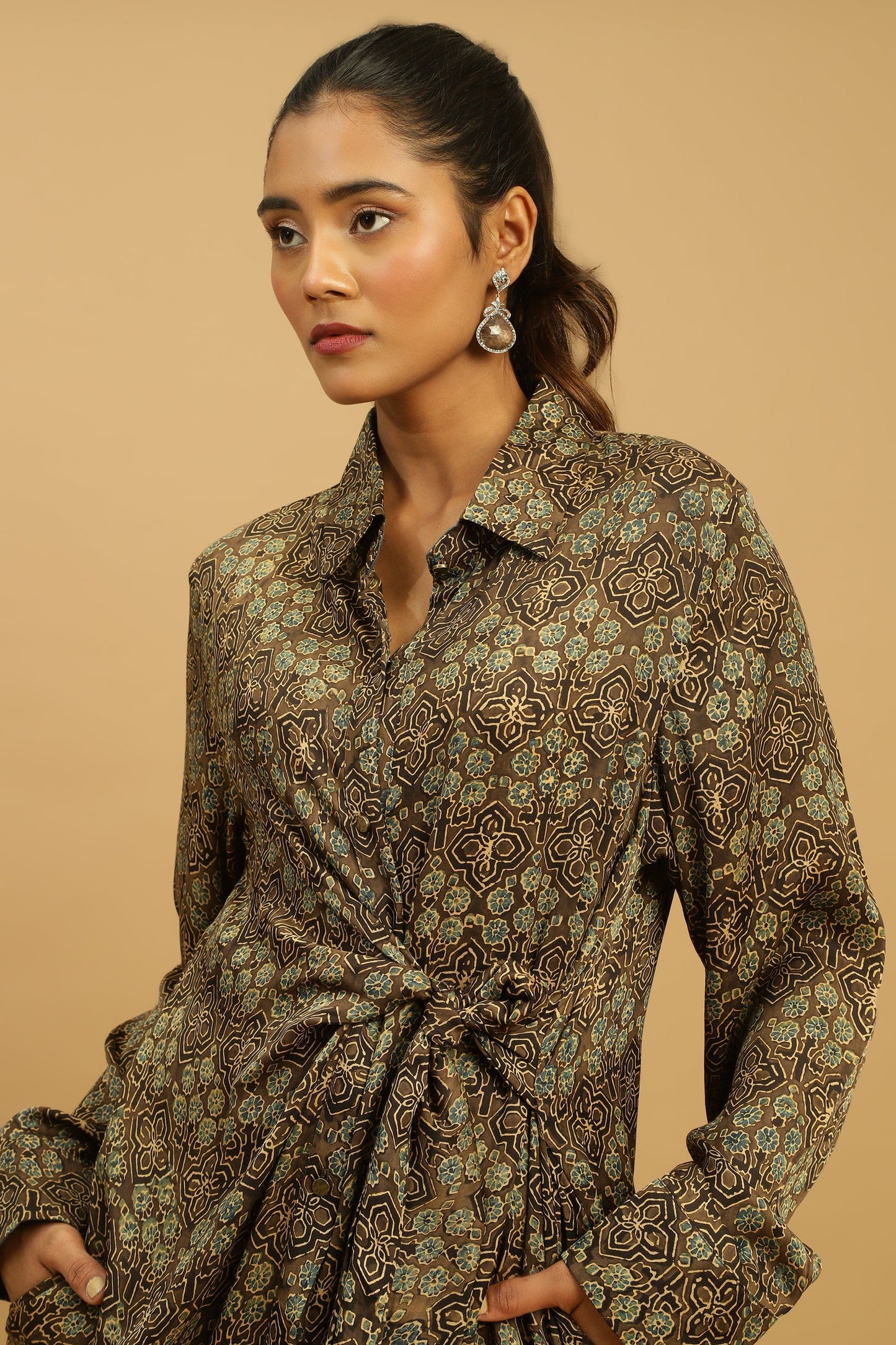 TAUPE JAAL COTTON SILK AJRAKH WRAP DRESS