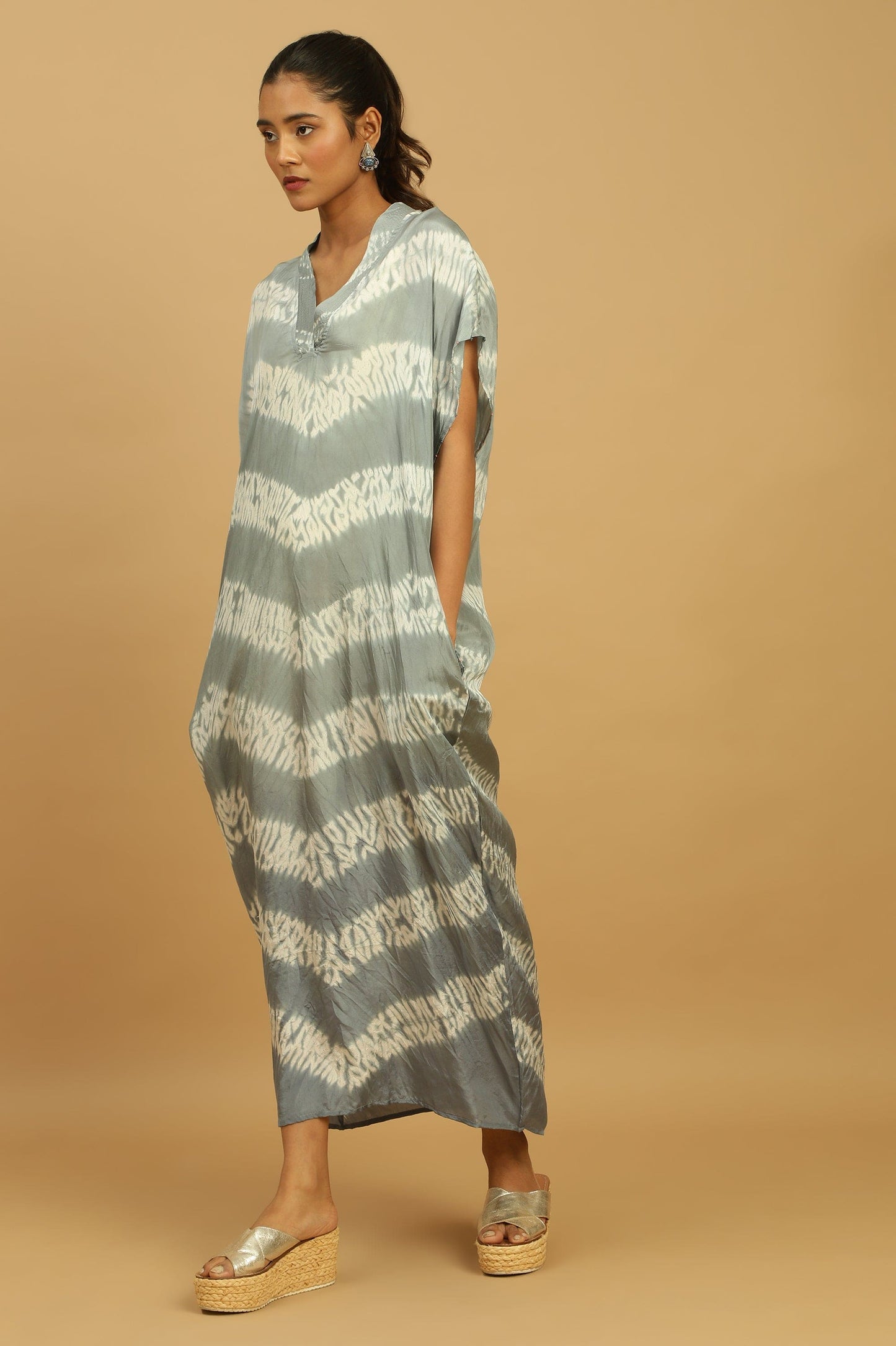 LIGHT INDIGO SHIBORI SILK KAFTAN DRESS