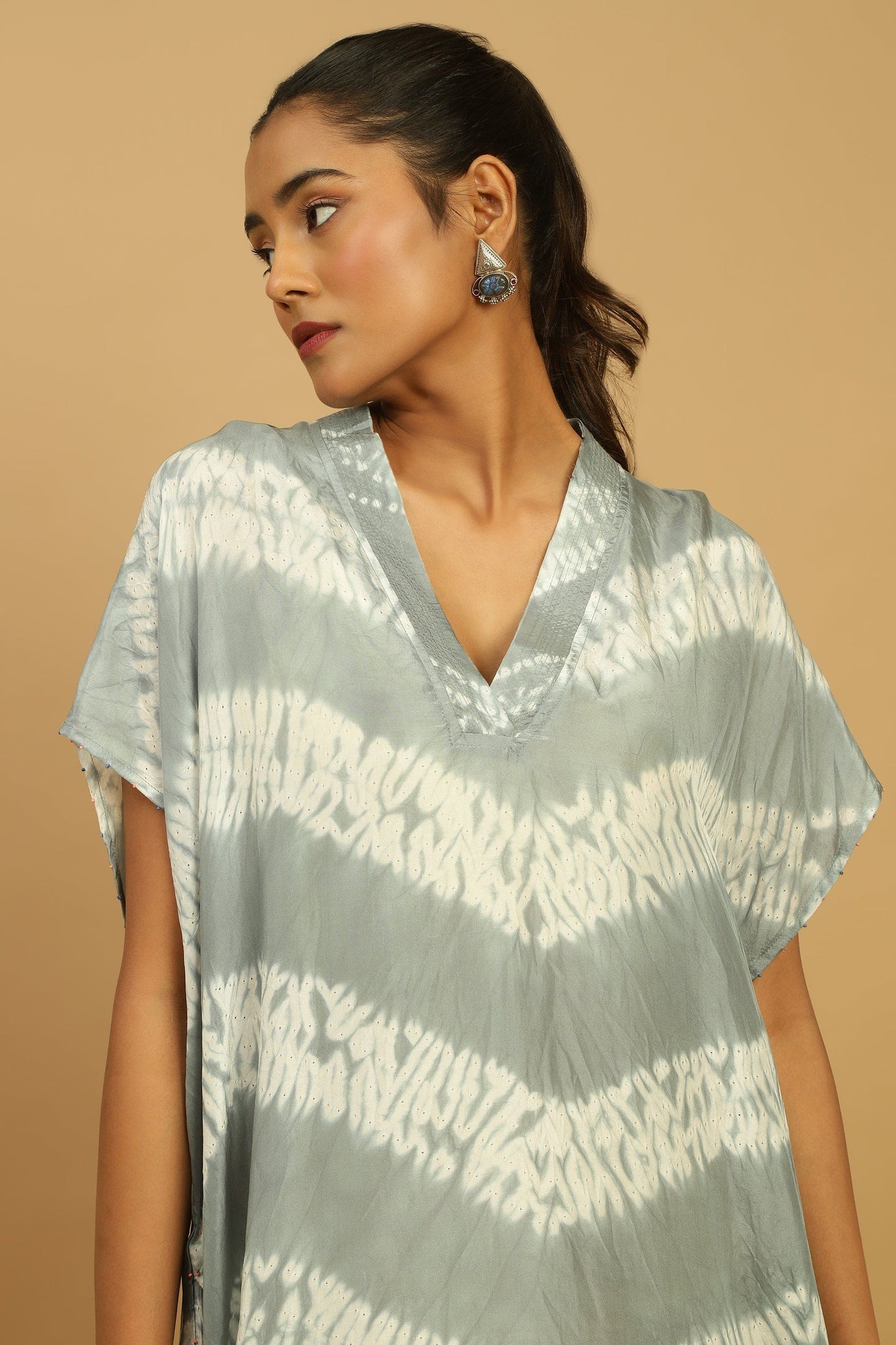 LIGHT INDIGO SHIBORI SILK KAFTAN DRESS
