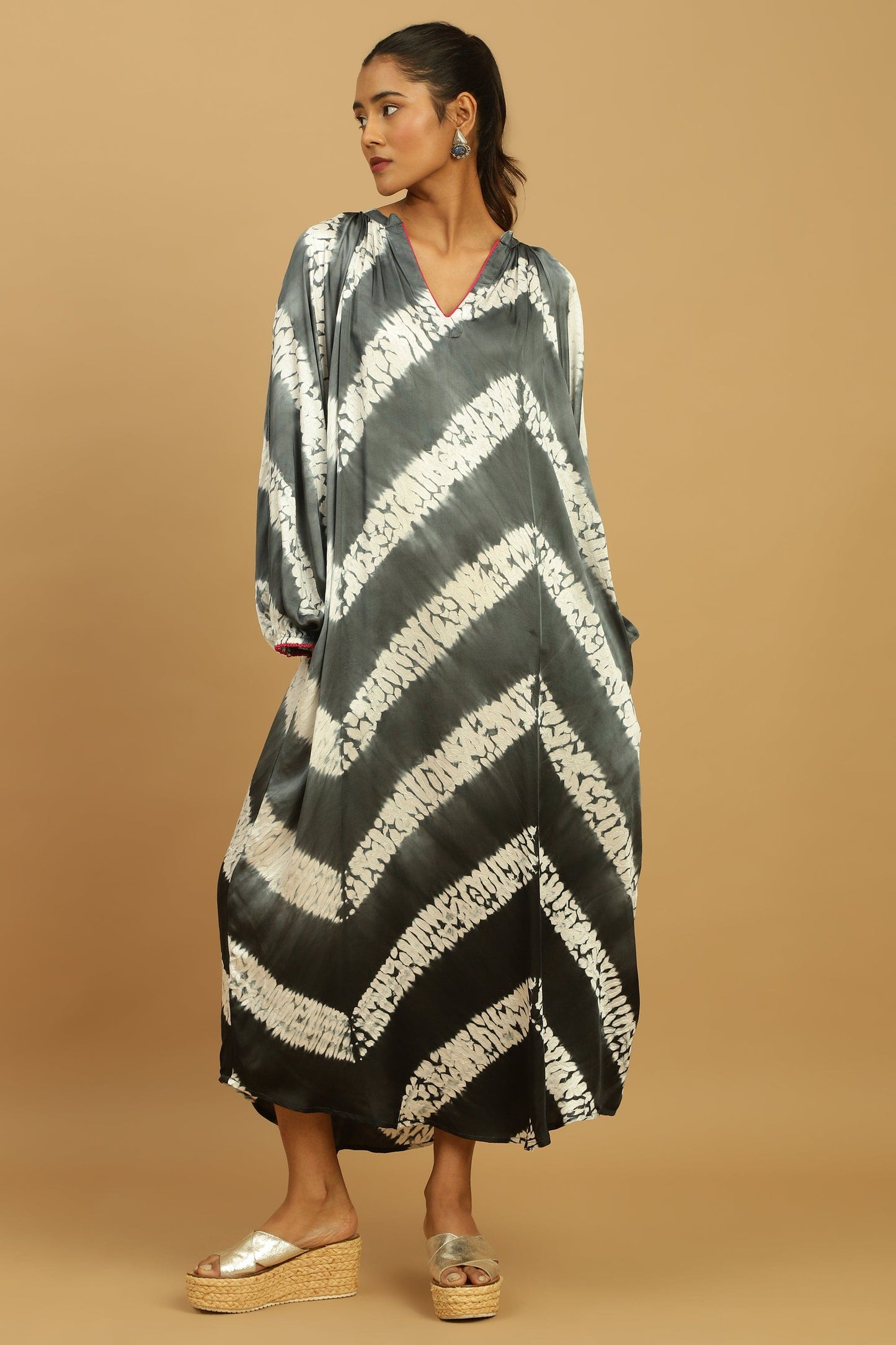BLACK/ GREY OMBRE COTTON SILK SHIBORI DRESS