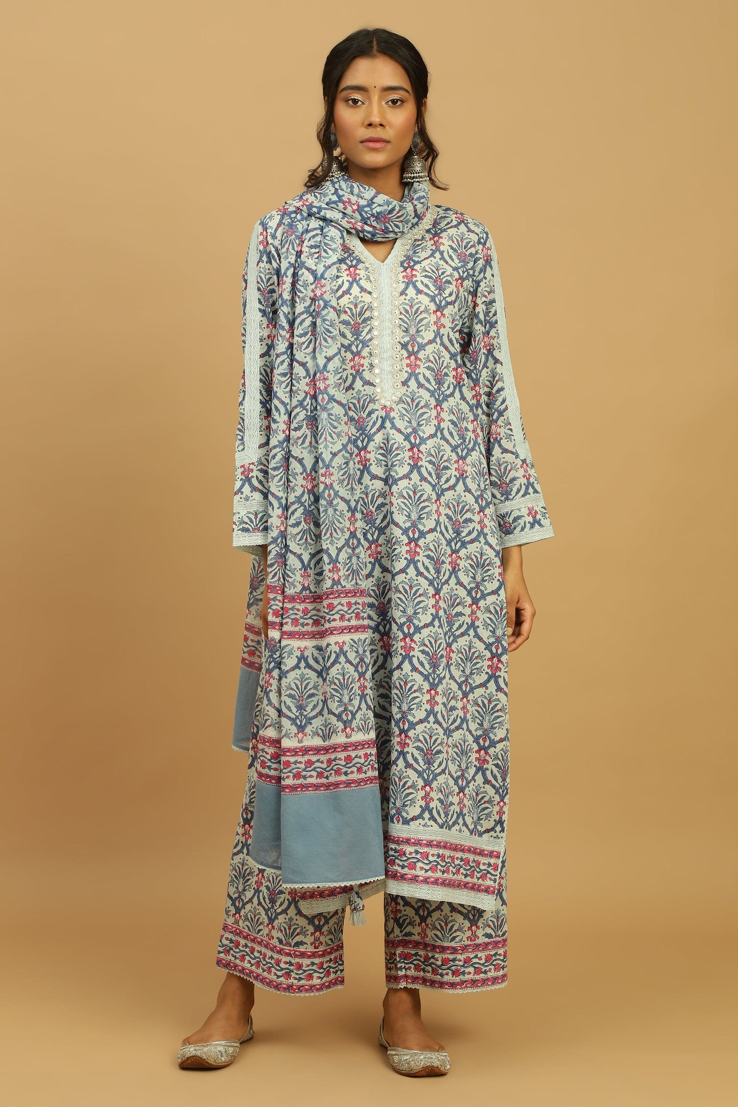 BLUE ANANAAS JAALI ORGANIC COTTON BLOCK KURTA SET (3pcs)