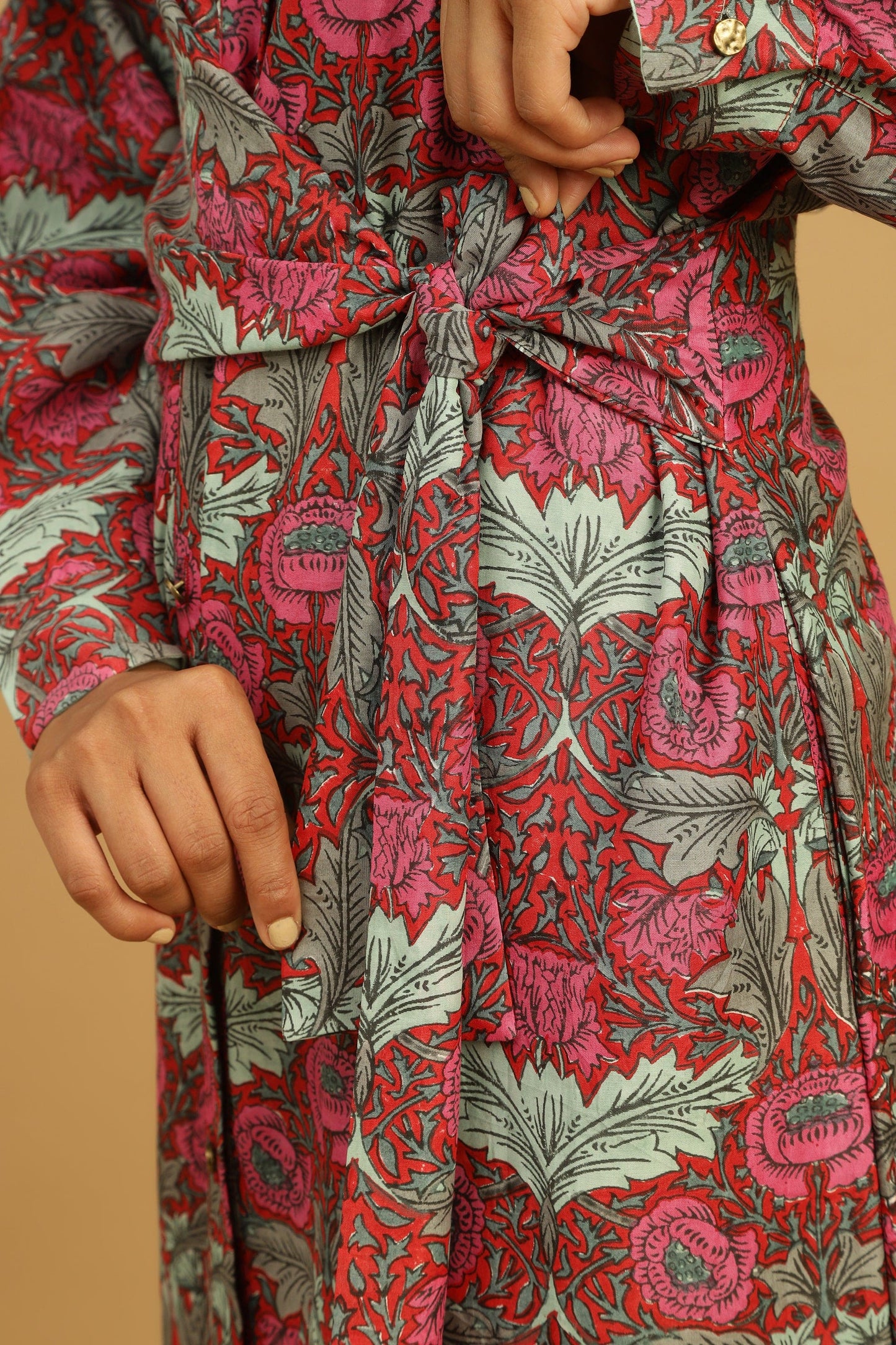 RED POPPY COTTON SILK BLOCK WRAP DRESS