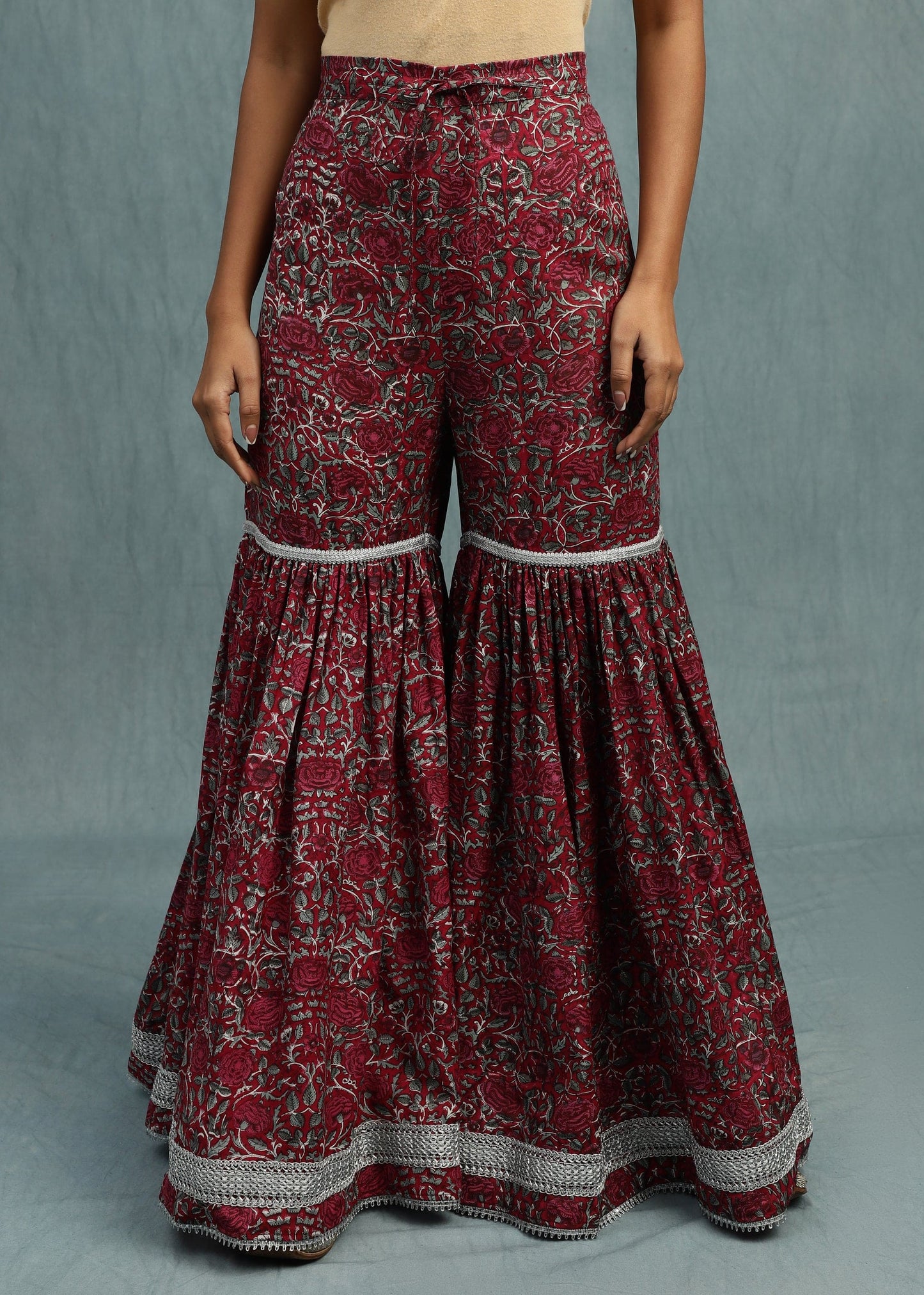 Red Rose Jaal Cotton Silk Hand Block Printed Sharara- (3 Pcs Set)