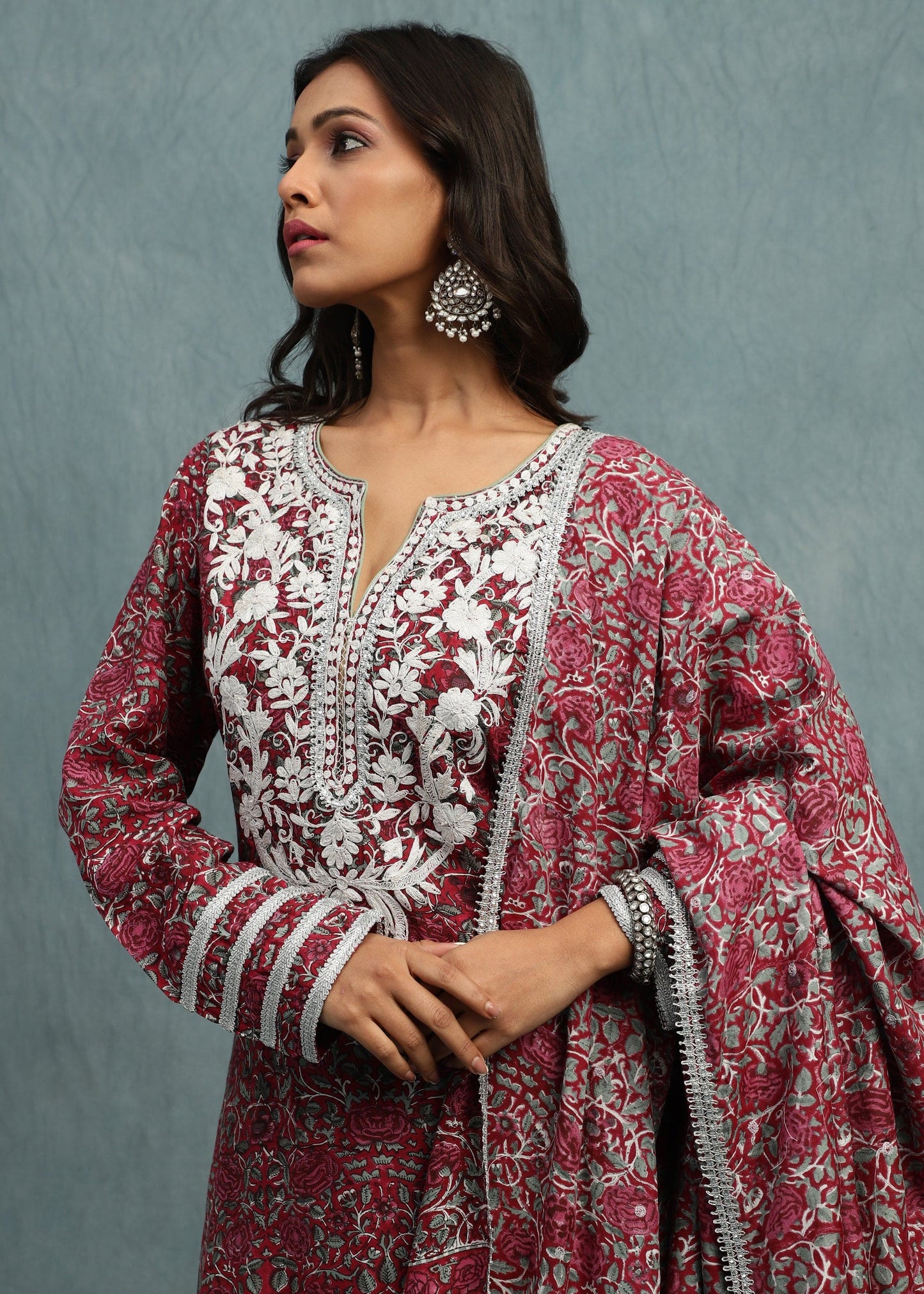 Red Rose Jaal Cotton Silk Hand Block Printed Sharara- (3 Pcs Set)