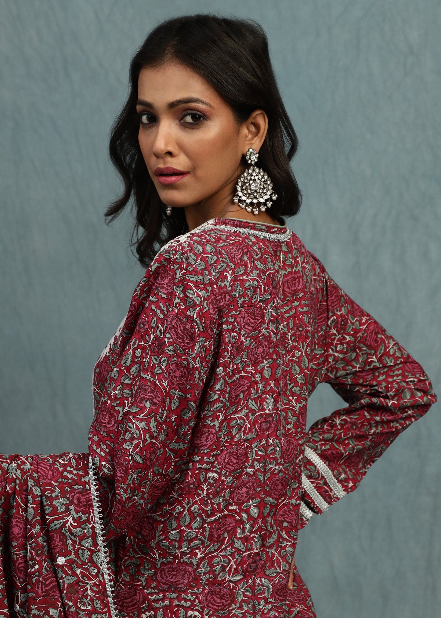 Red Rose Jaal Cotton Silk Hand Block Printed Sharara- (3 Pcs Set)