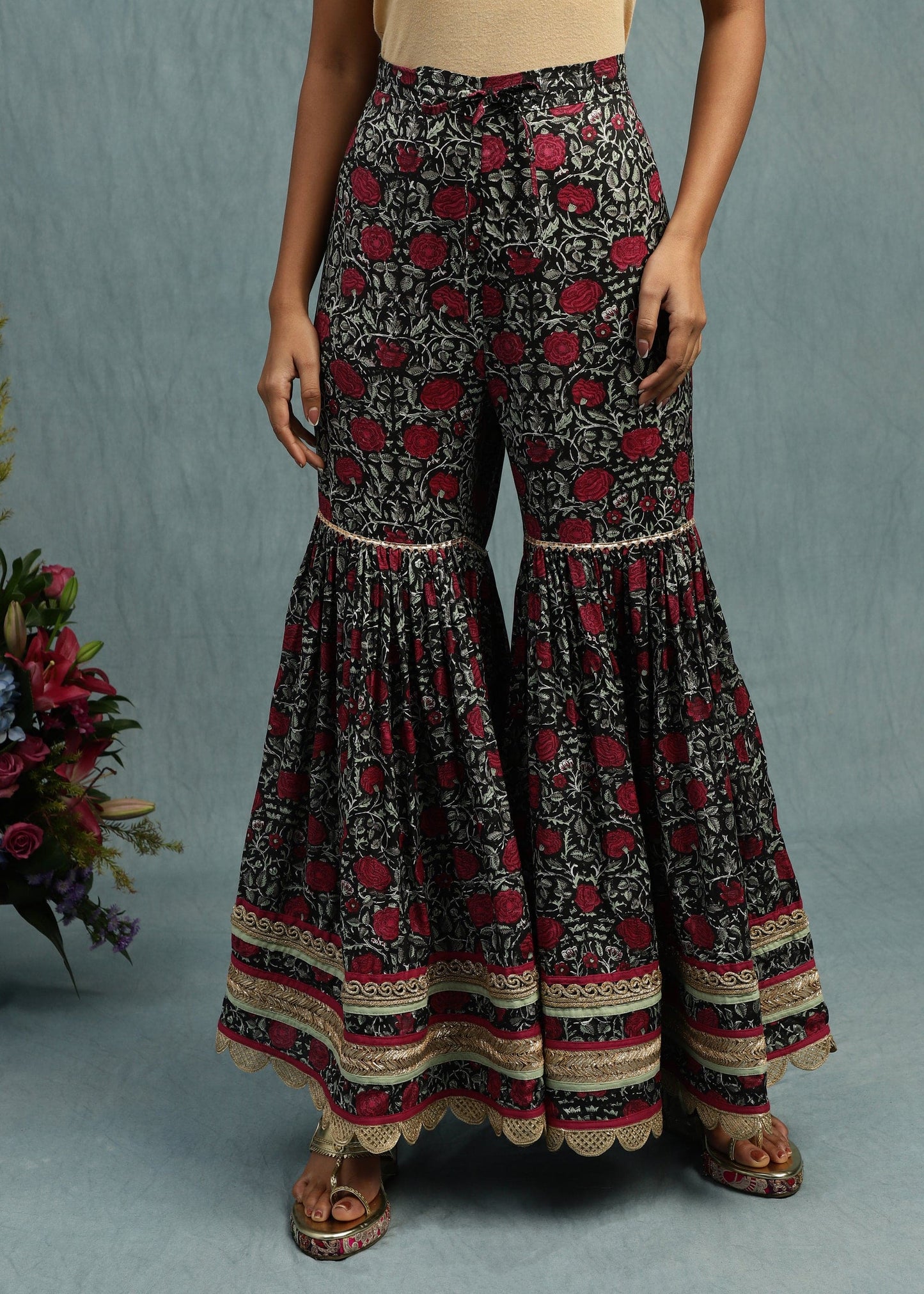 Red Rose Jaal Cotton Silk Hand Block Printed Sharara- (3 Pcs Set)