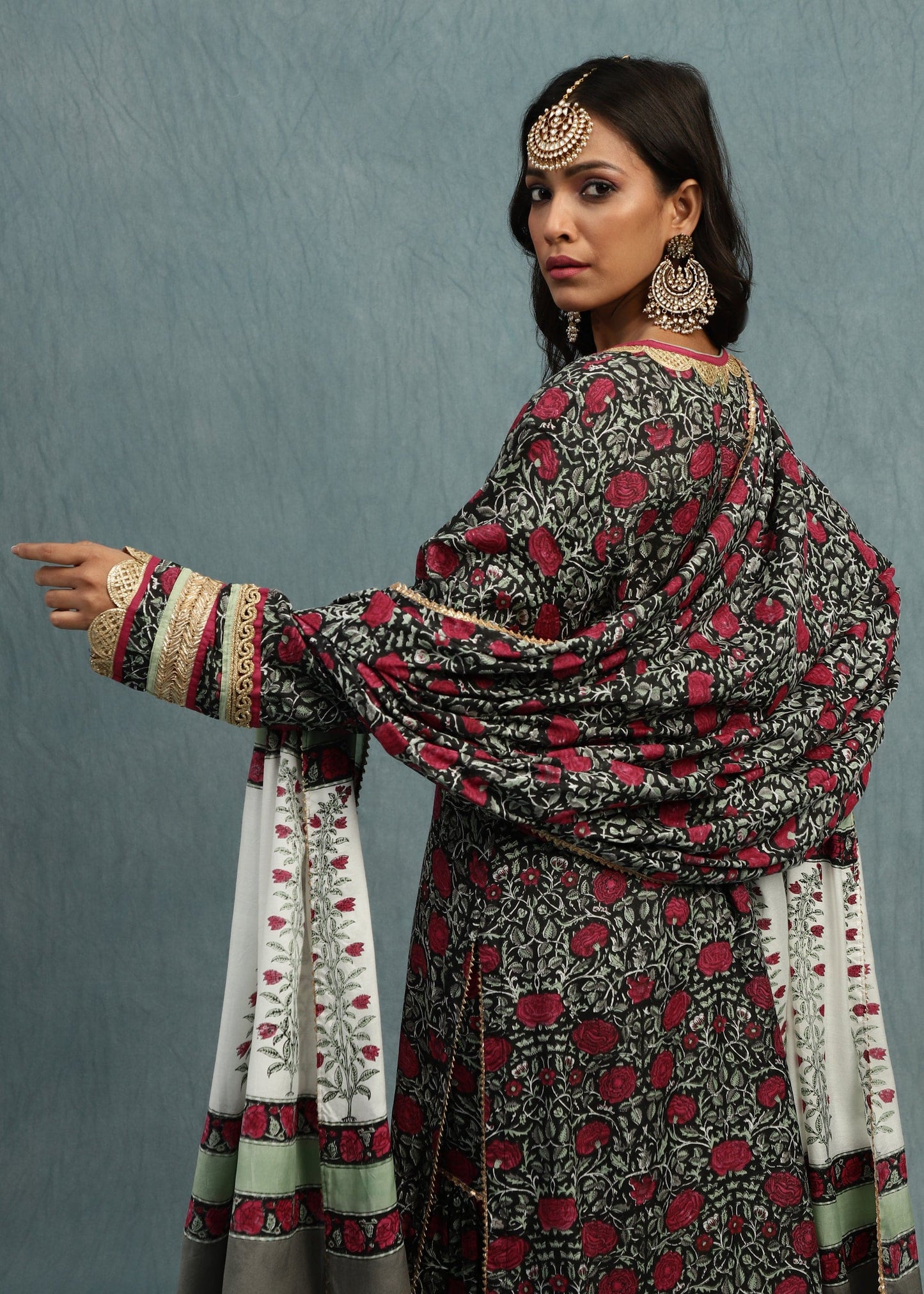 Red Rose Jaal Cotton Silk Hand Block Printed Sharara- (3 Pcs Set)