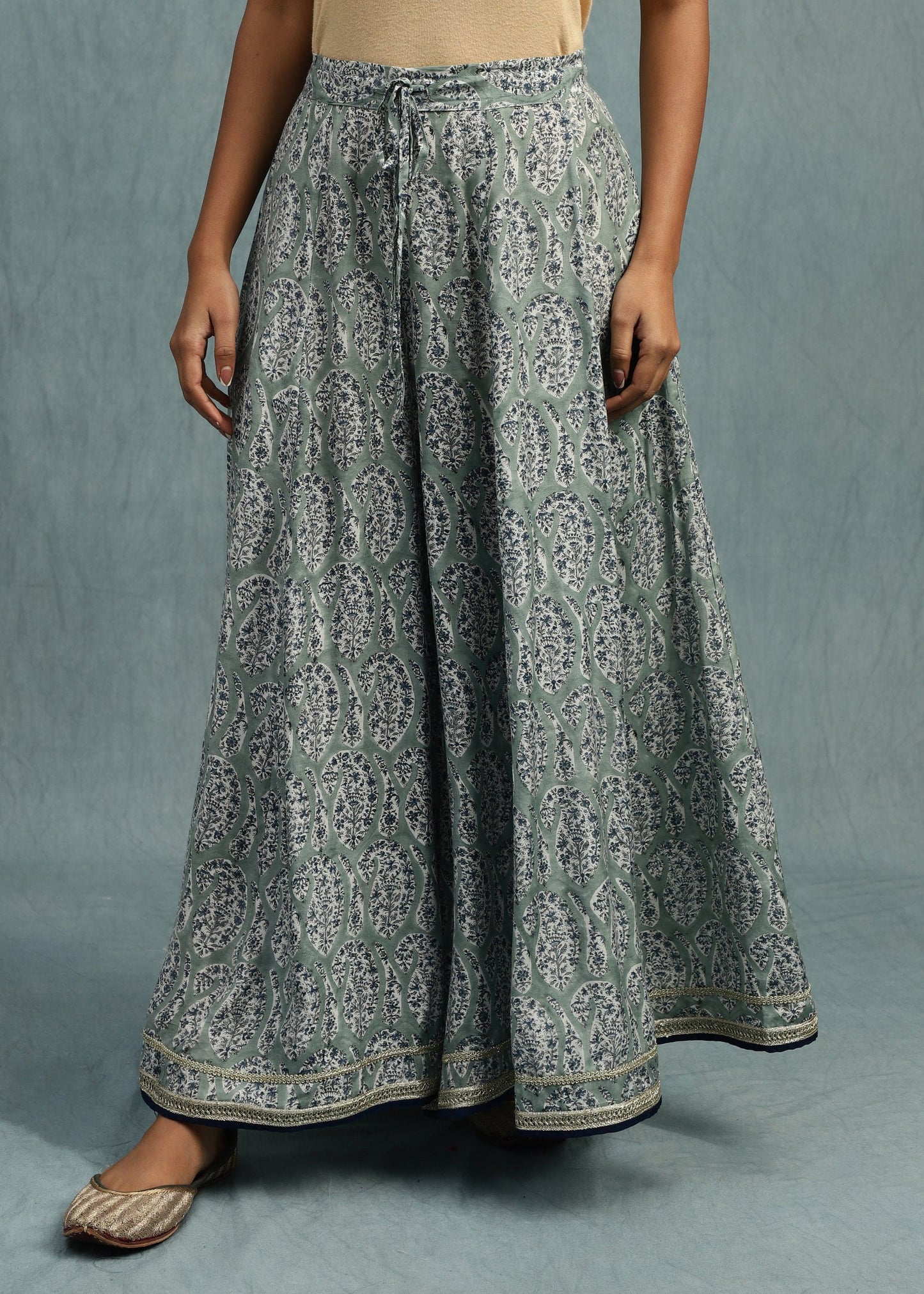 Light Indigo Paisley Jaal Cotton Silk Hand Block Printed Palazzo- (3 Pcs Set)