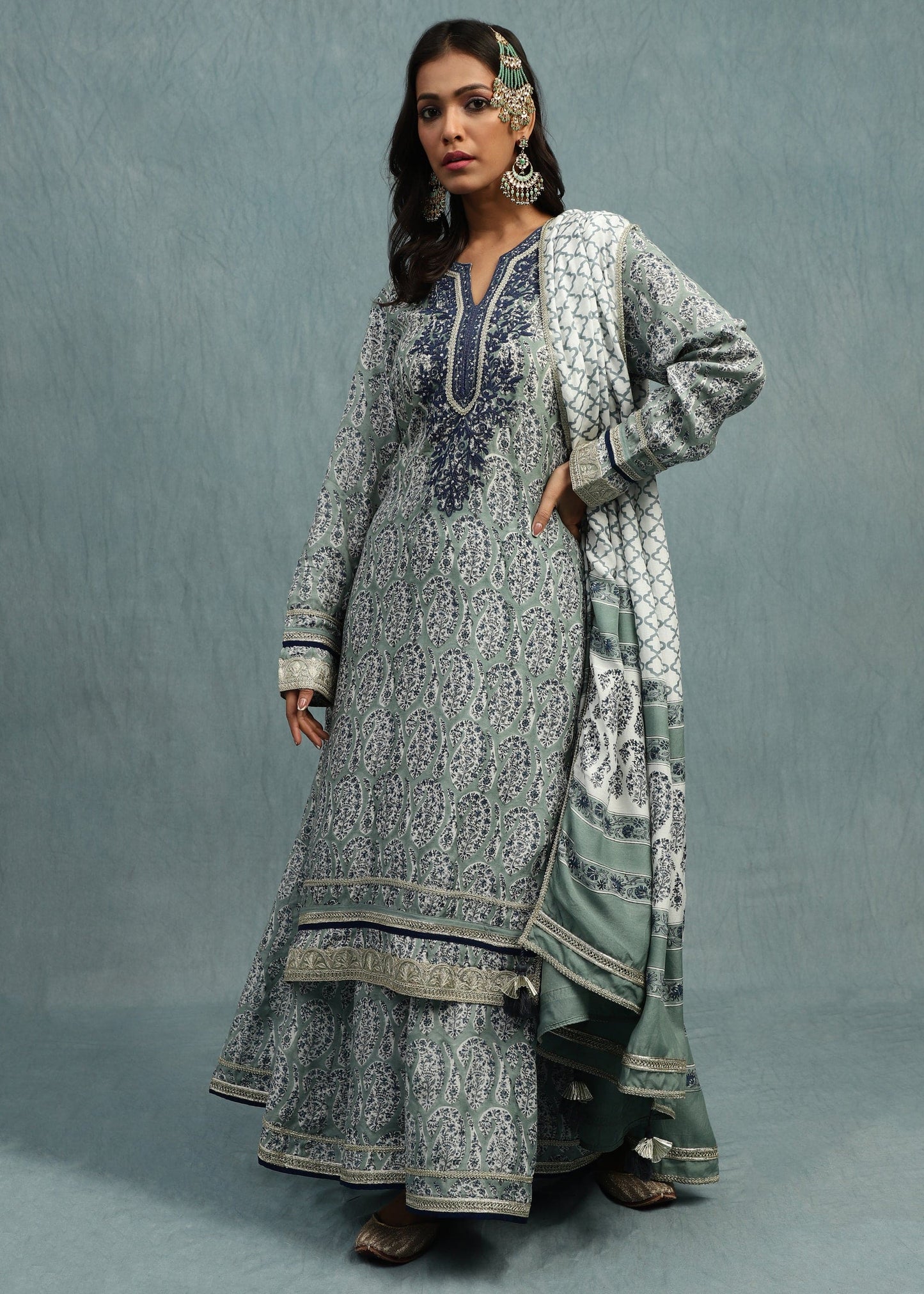 Light Indigo Paisley Jaal Cotton Silk Hand Block Printed Palazzo- (3 Pcs Set)