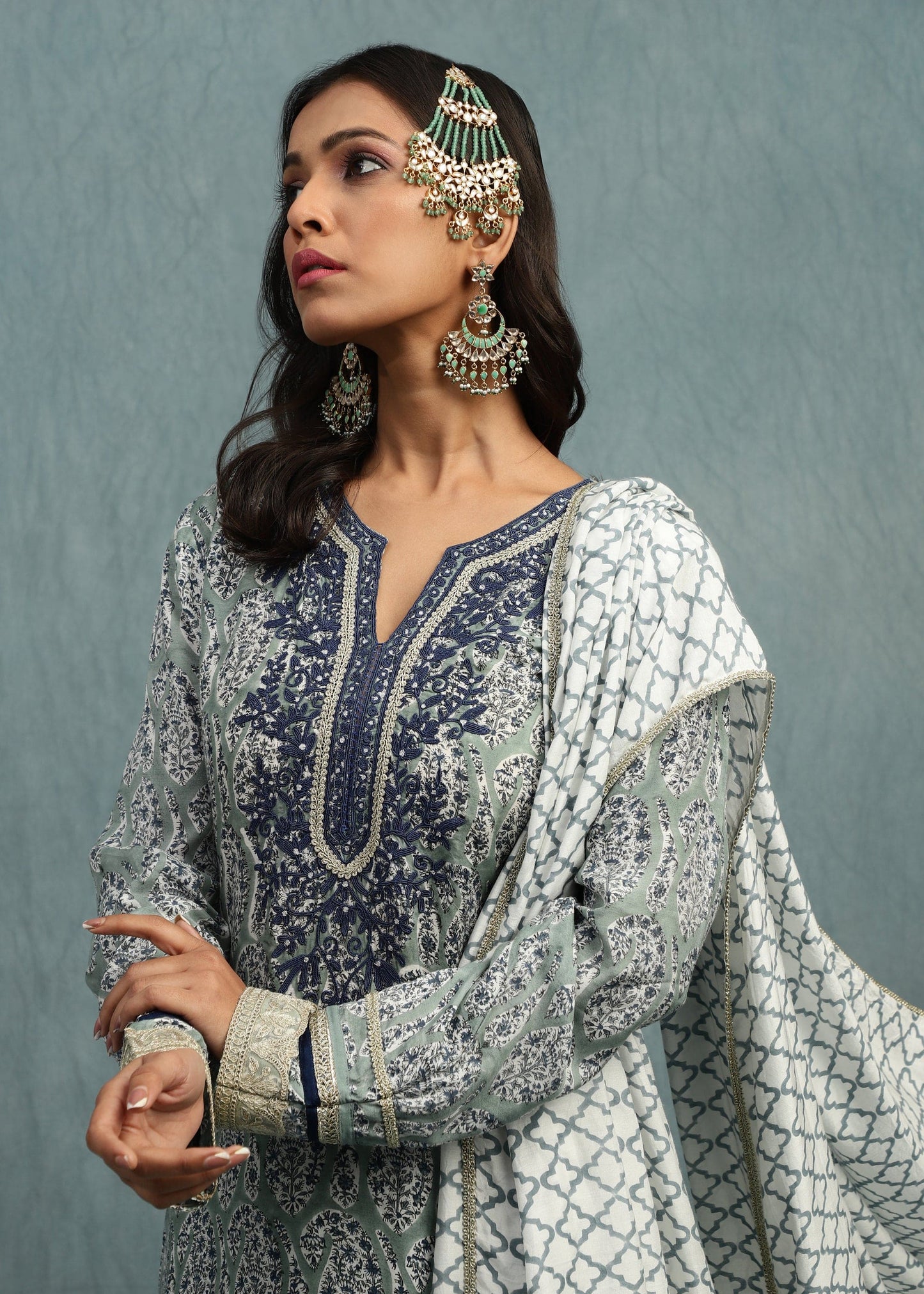 Light Indigo Paisley Jaal Cotton Silk Hand Block Printed Palazzo- (3 Pcs Set)