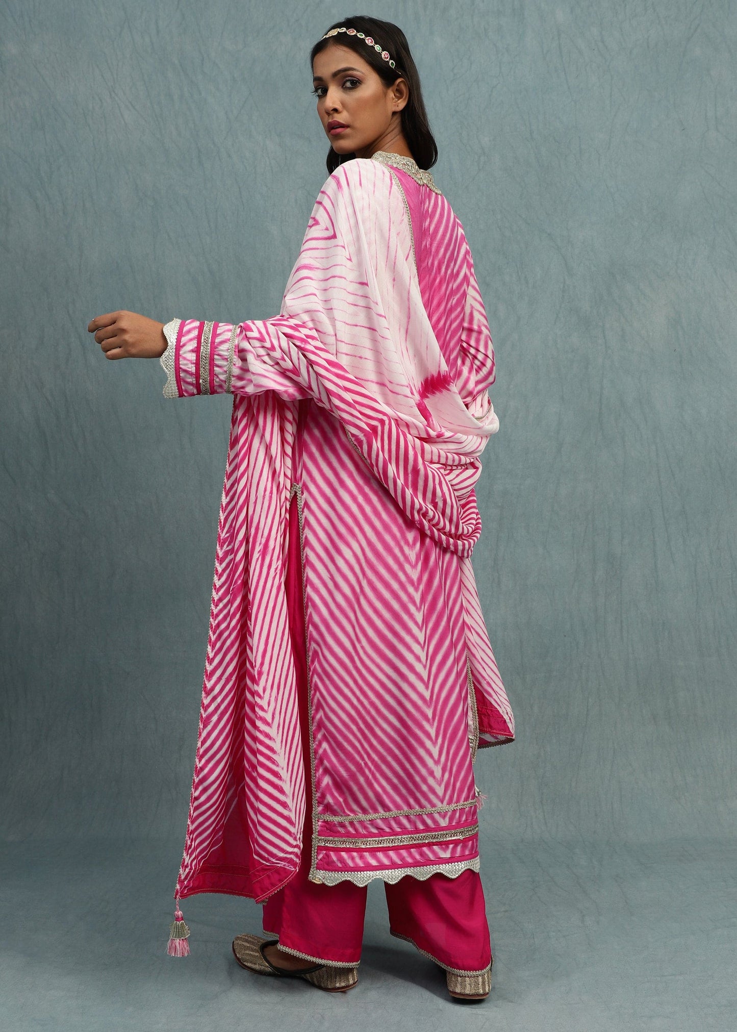 Rani Pink Shibori Cotton Silk Hand Dyed Kurta Set- (3 Pcs Set)