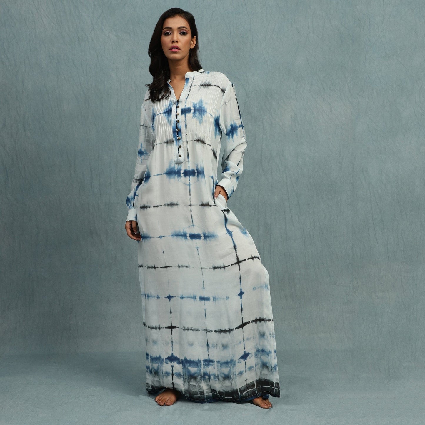 Charcoal Blue Tie Dye Cotton Silk Kaftan