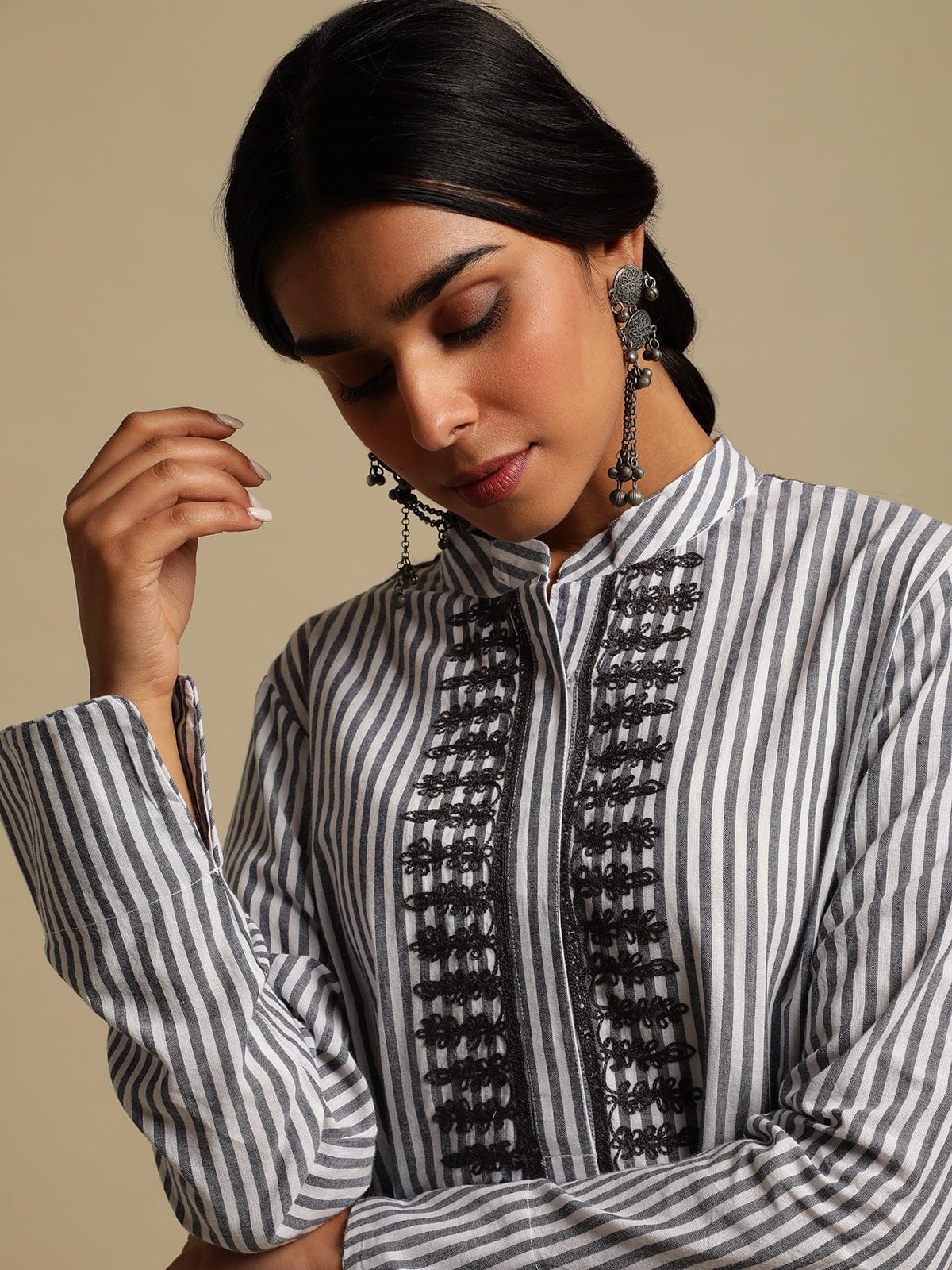 Grey Stripes Woven Cotton Embroidered Kaftan