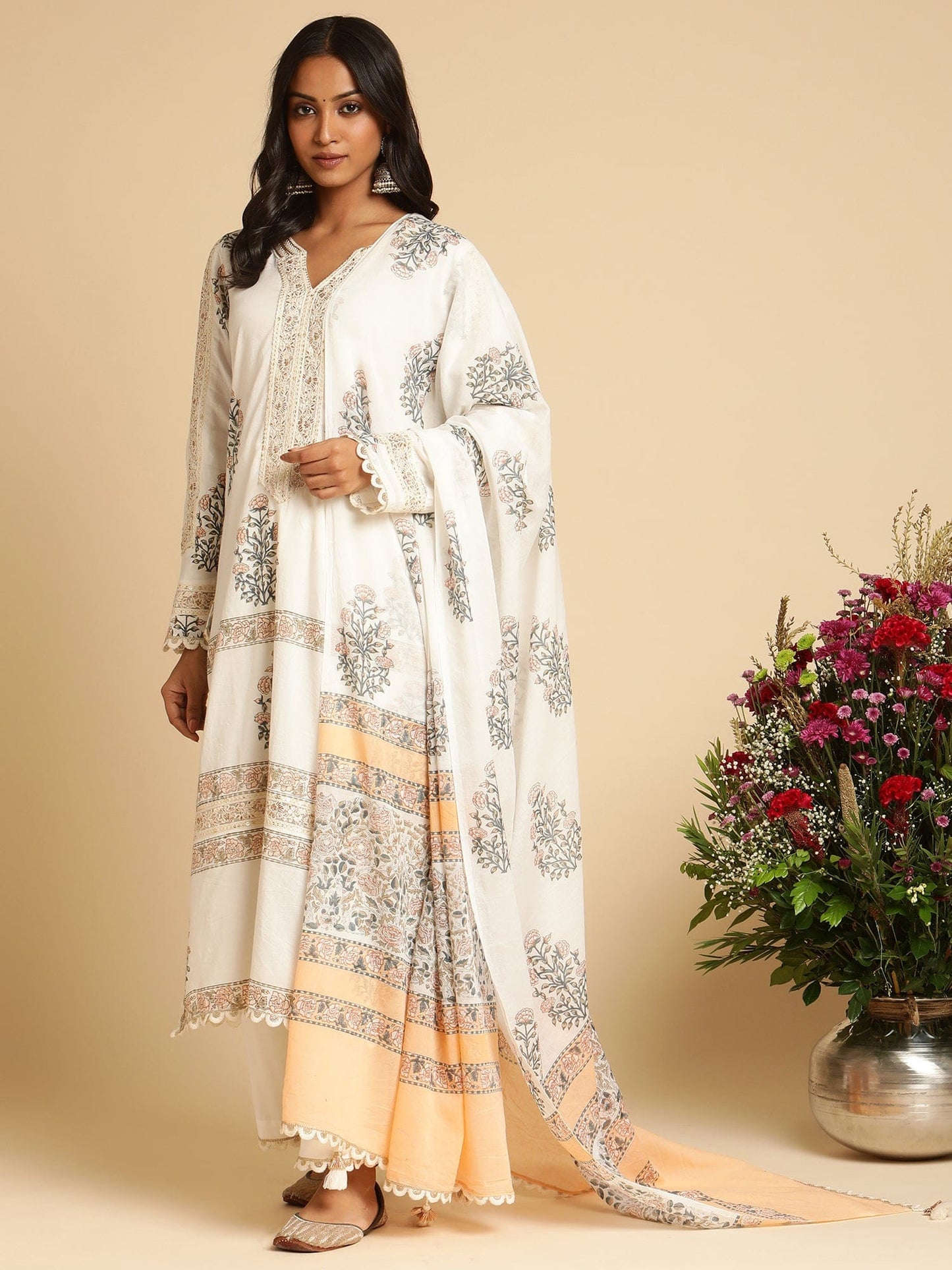Peach Long Bootie Organic Cotton Hand Block Printed Kurta - (3 Pcs Set)