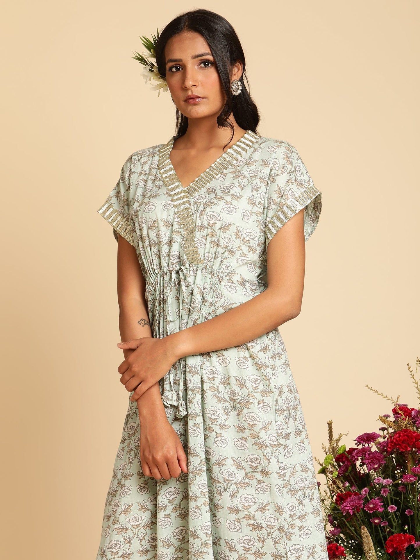 Aqua Peony Organic Cotton Kaftan