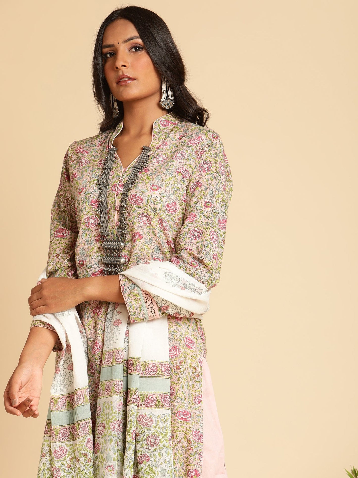Pink Rose Jaal Lace Organic Cotton Hand Block Printed Kurta - (3 Pcs Set)