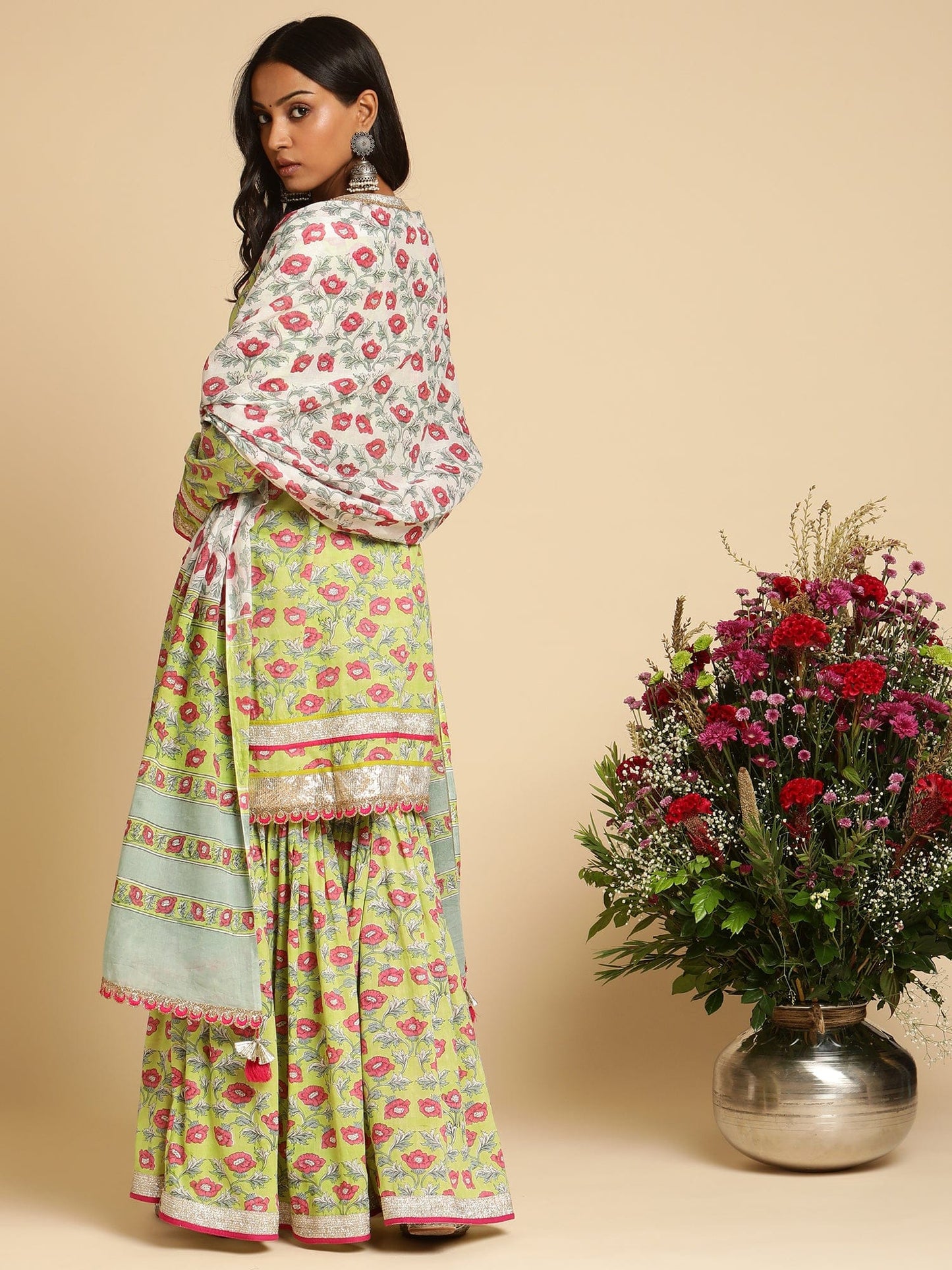 Lime Peony Organic Cotton Hand Block Printed Sharara- (3 Pcs Set)