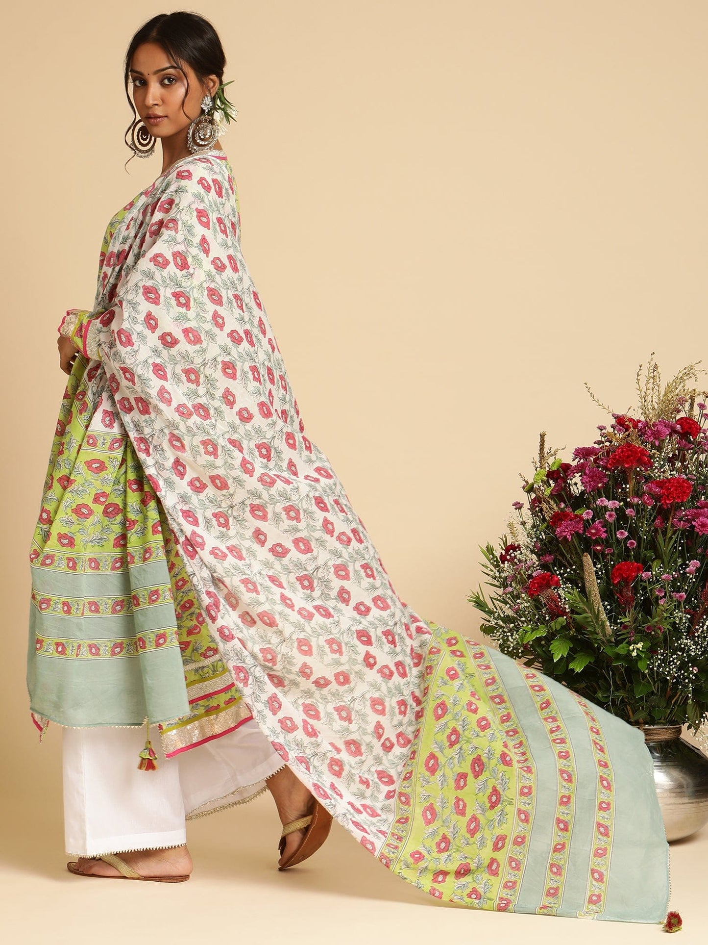 Lime Peony Organic Cotton Hand Block Printed Kurta - (3 Pcs Set)
