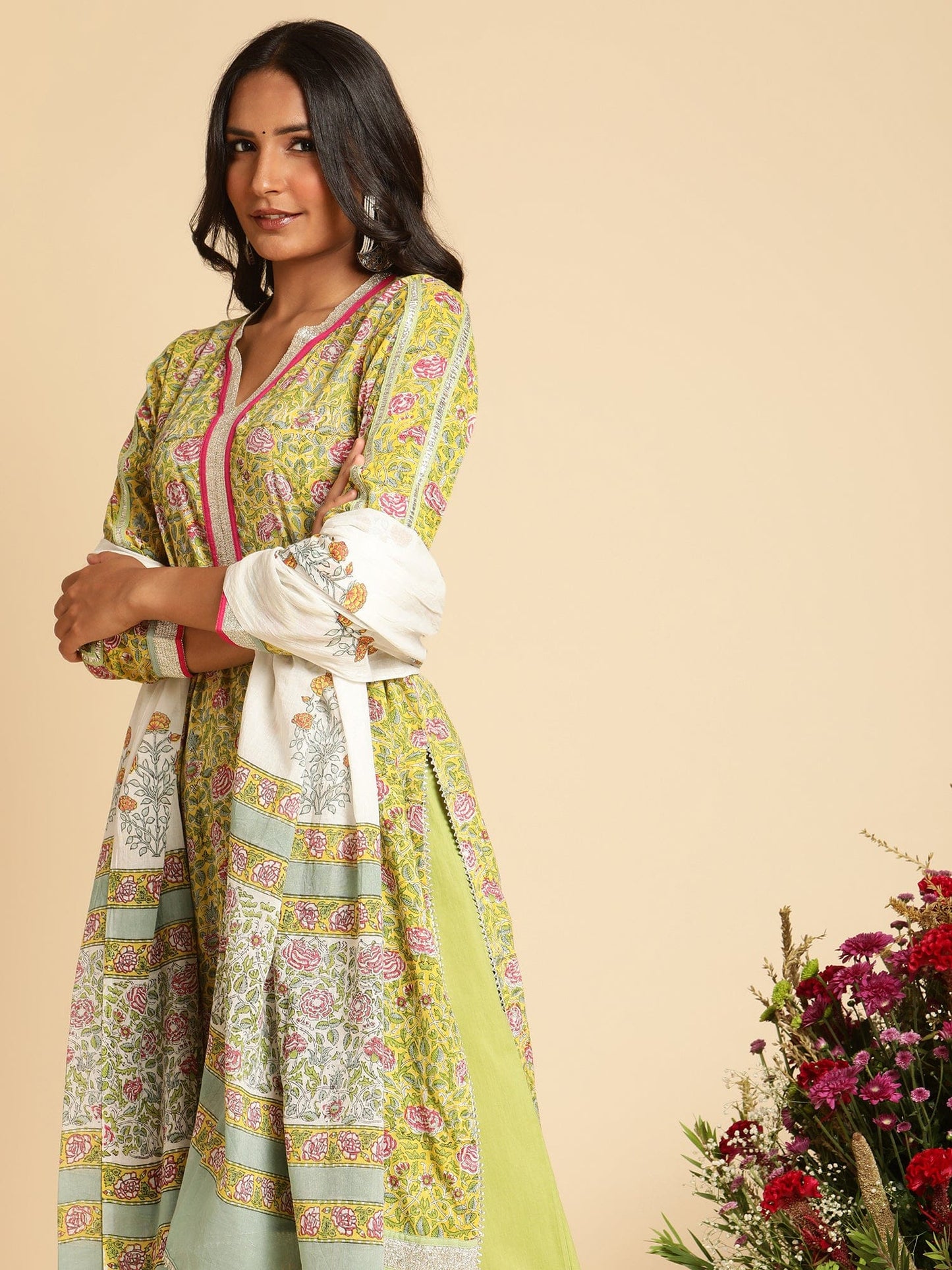 Yellow Rose Jaal Organic Cotton Hand Block Printed Kurta - (3 Pcs Set)