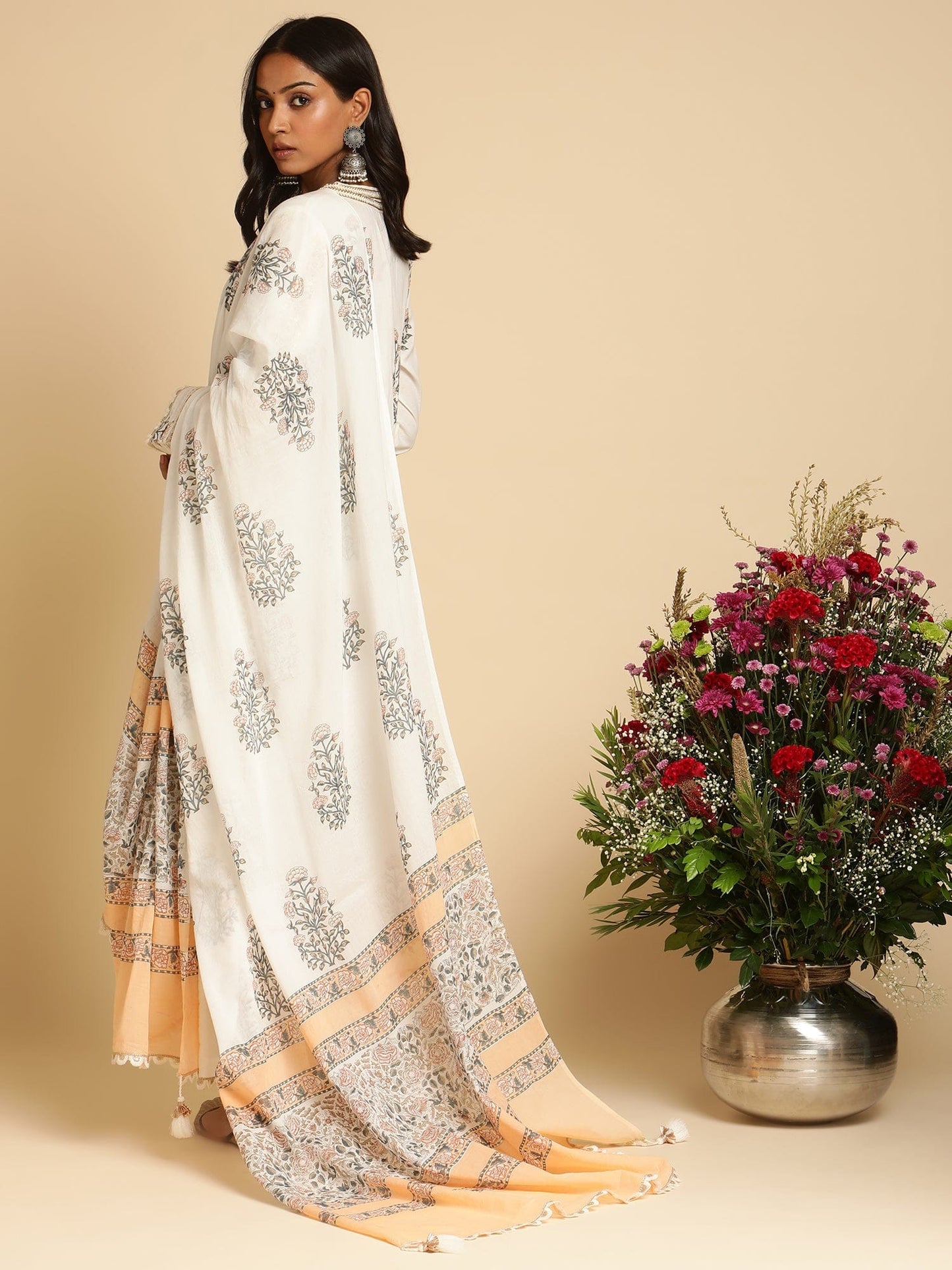 Peach Long Bootie Organic Cotton Hand Block Printed Kurta - (3 Pcs Set)