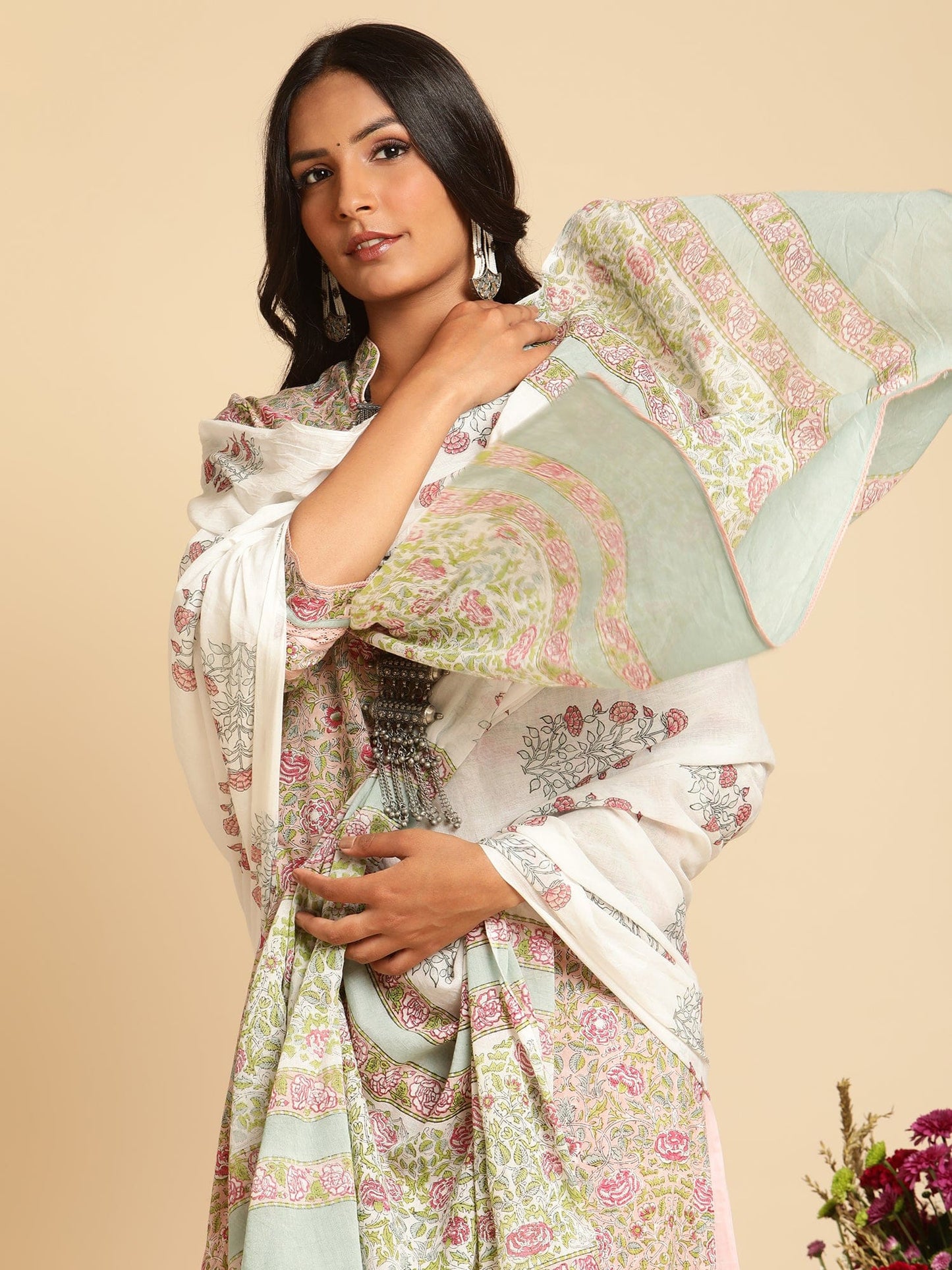 Pink Rose Jaal Lace Organic Cotton Hand Block Printed Kurta - (3 Pcs Set)