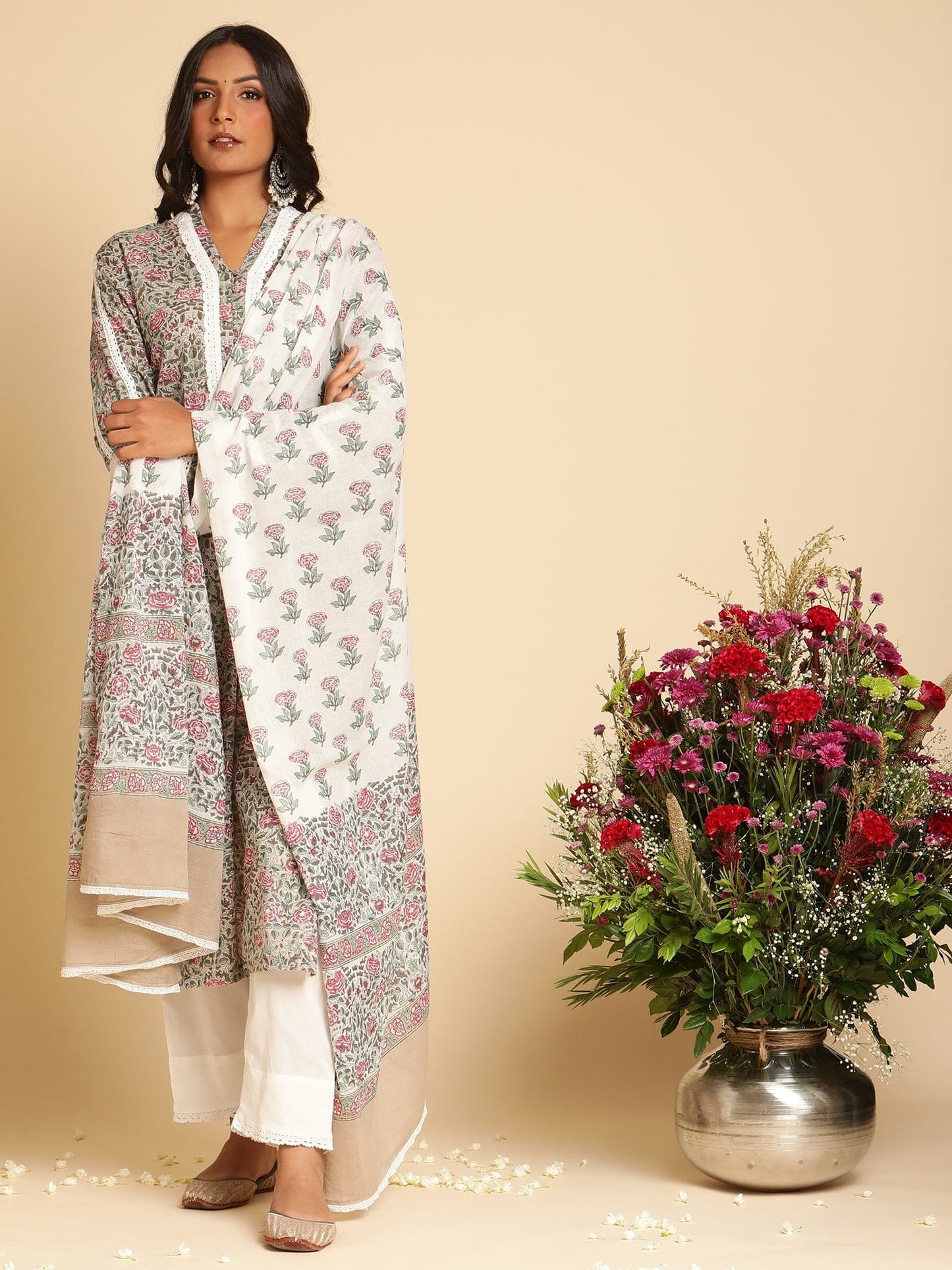 Taupe Rose Jaal Lace Cotton Hand Block Printed Kurta - (3 Pcs Set)
