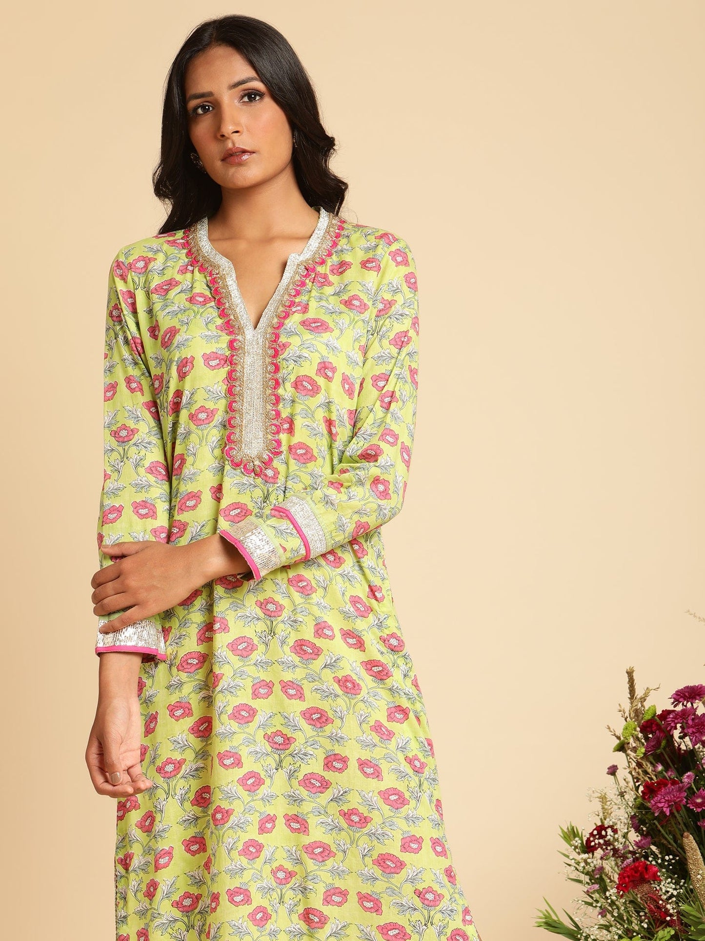 Lime Peony Organic Cotton Kaftan