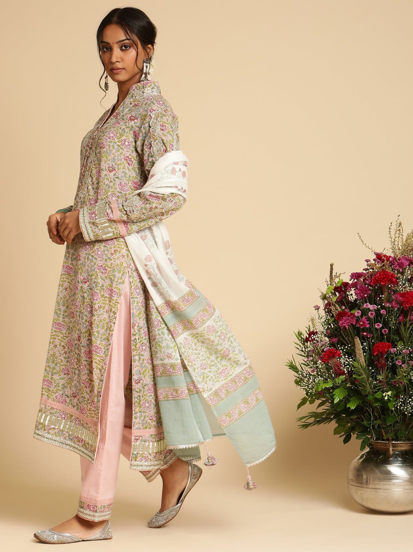 Pink Rose Jaal Gota Organic Cotton Hand Block Printed Kurta - (3 Pcs Set)