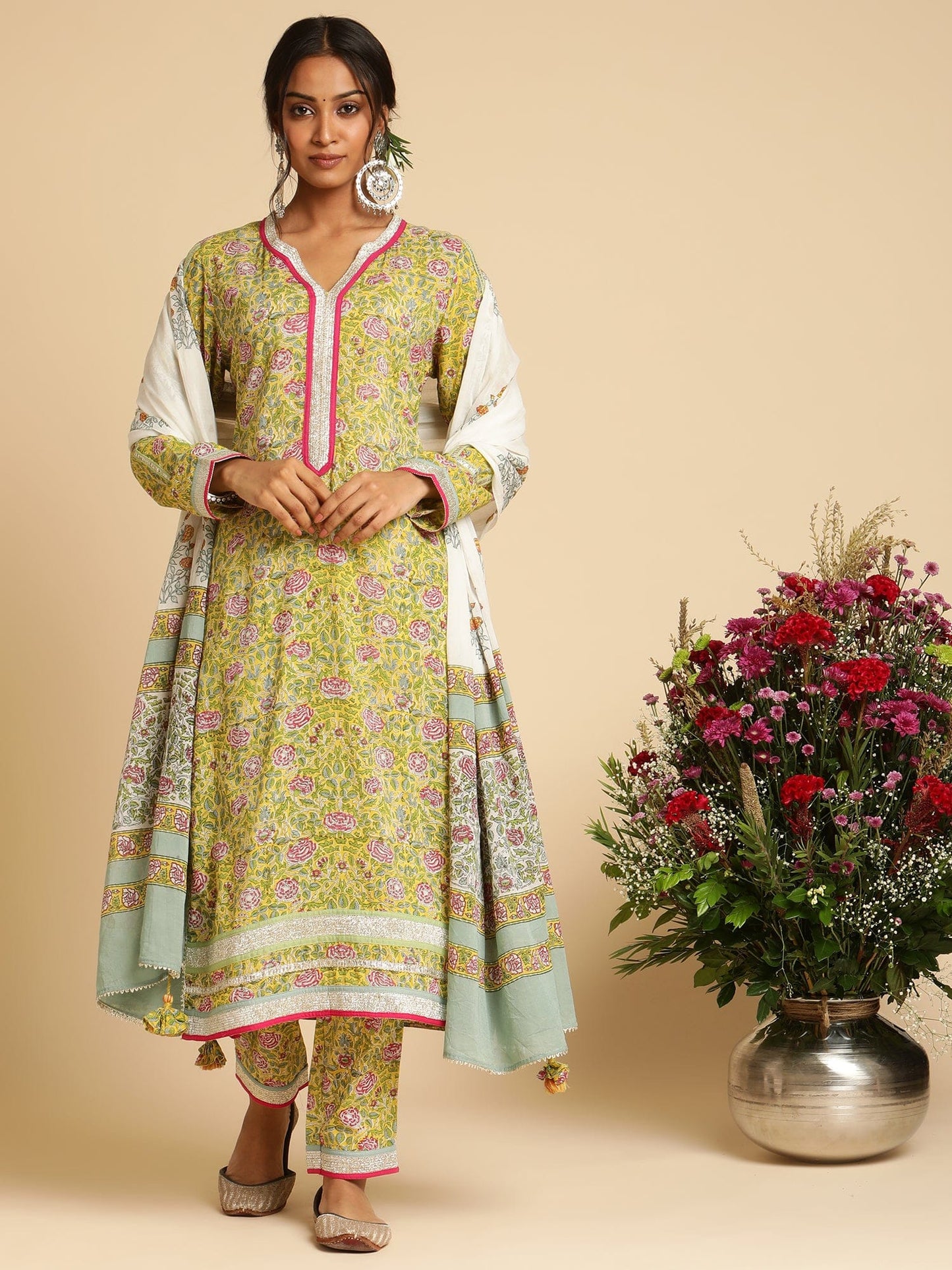 Yellow Rose Jaal Organic Cotton Hand Block Printed Kurta - (3 Pcs Set)