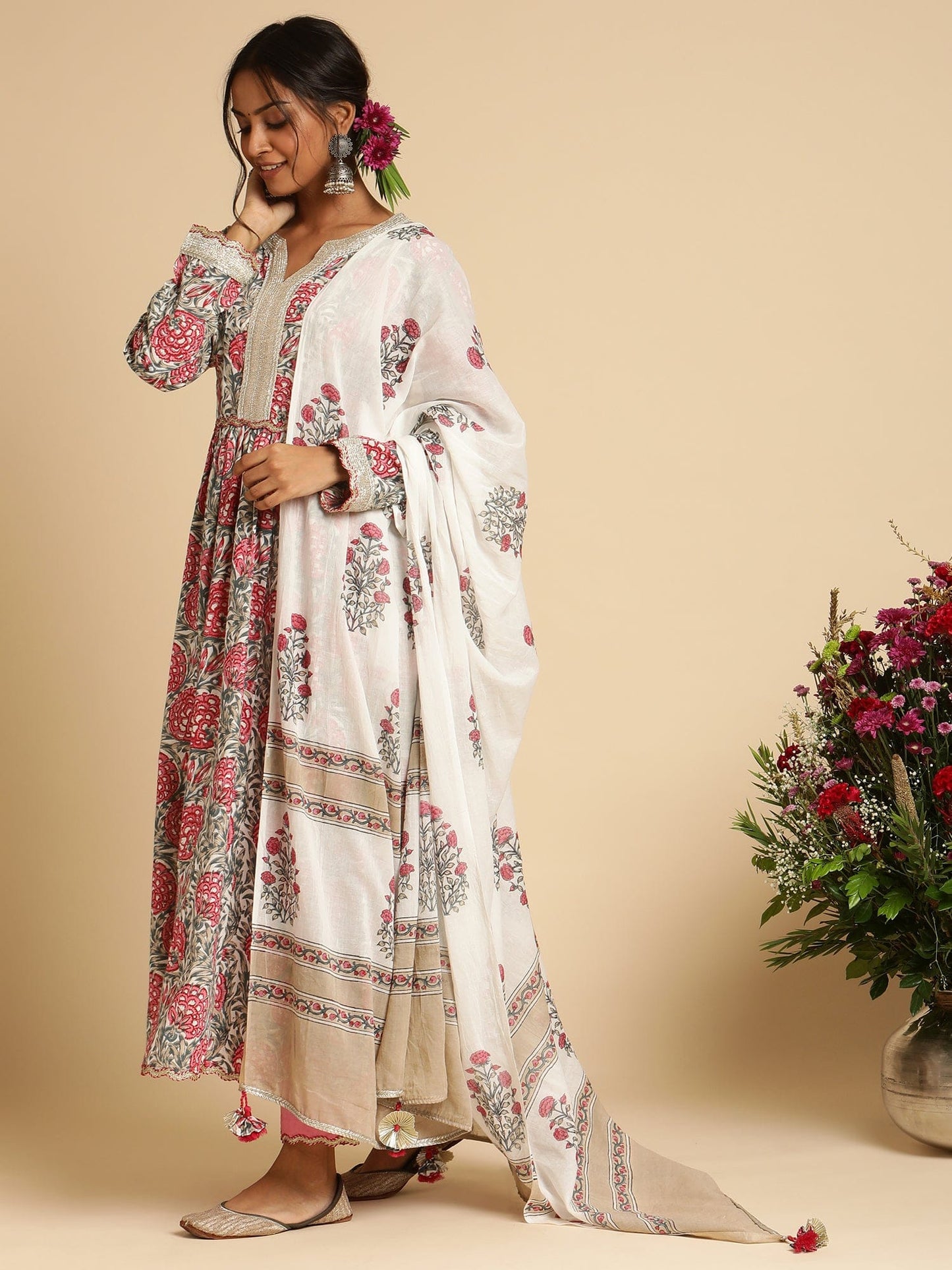 Fuchsia Marigold Anarkali Organic Cotton Hand Block Printed Kurta - (3 Pcs Set)