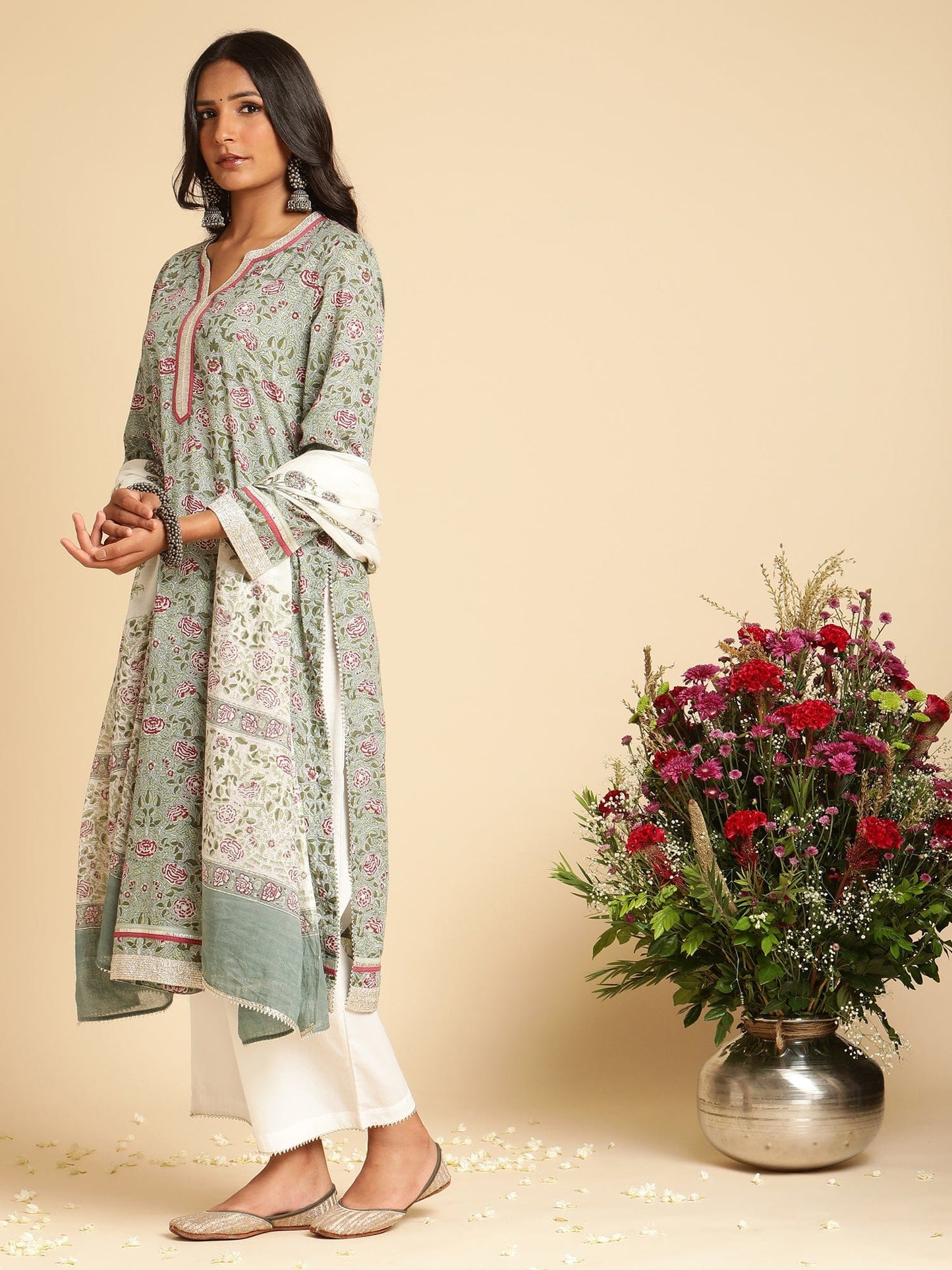 Slate Rose Jaal Organic Cotton Hand Block Printed Kurta - (3 Pcs Set)