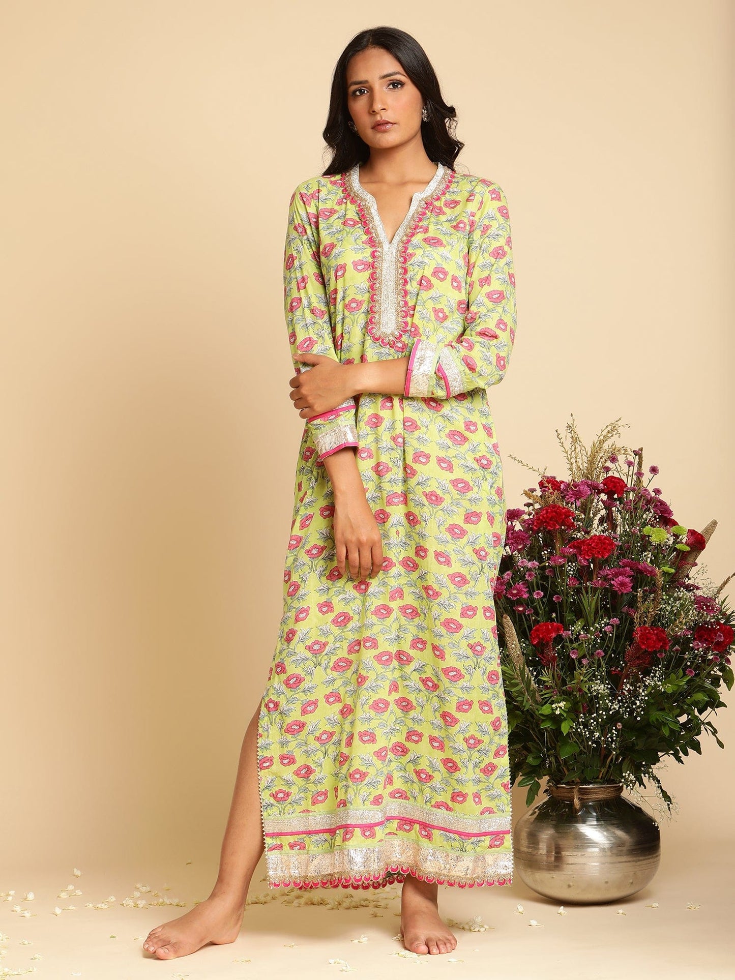 Lime Peony Organic Cotton Kaftan