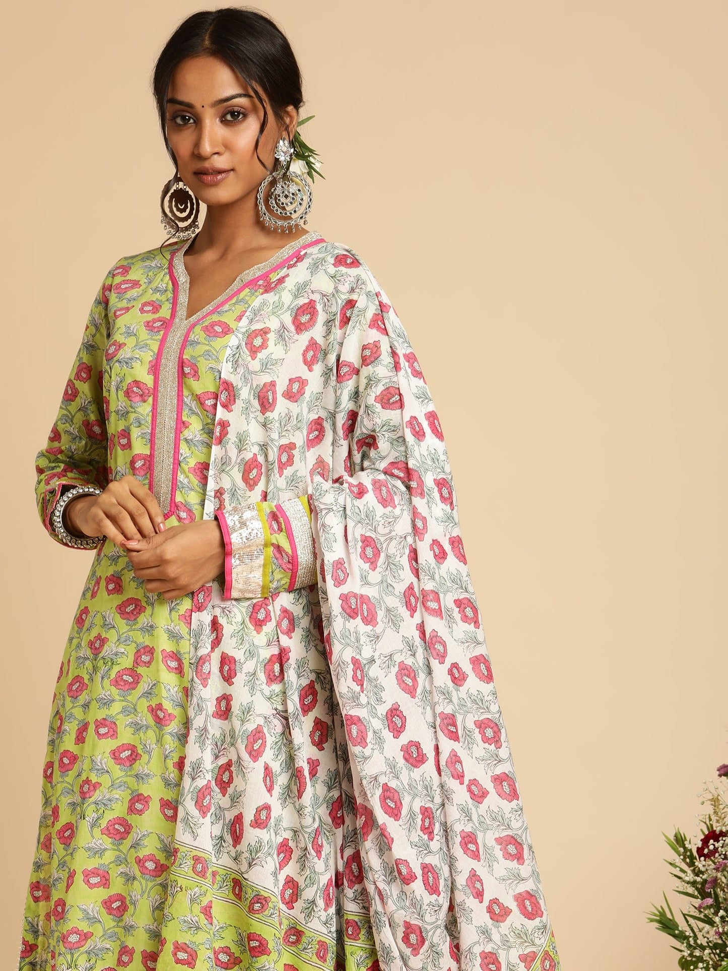 Lime Peony Organic Cotton Hand Block Printed Kurta - (3 Pcs Set)