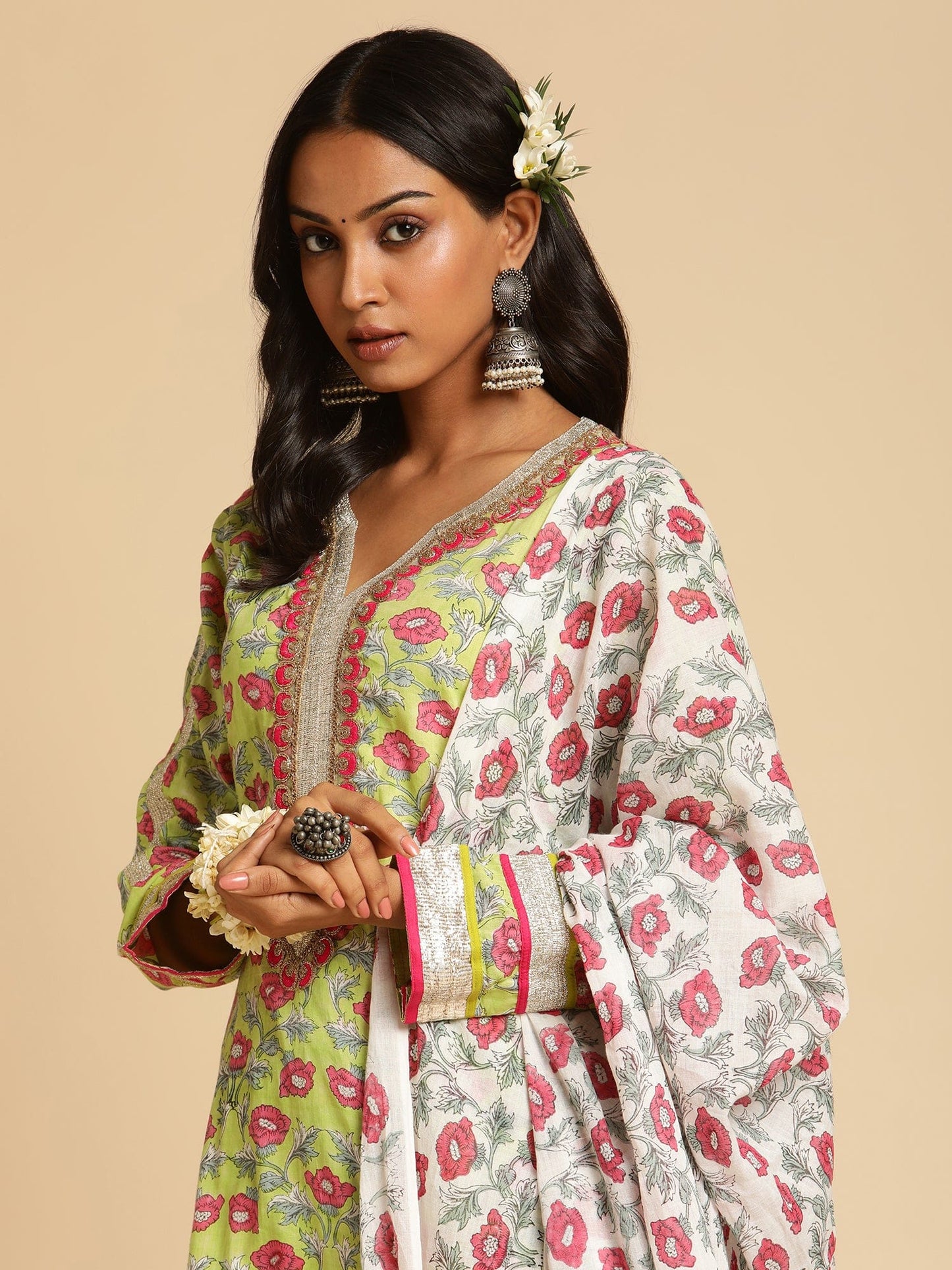 Lime Peony Organic Cotton Hand Block Printed Sharara- (3 Pcs Set)