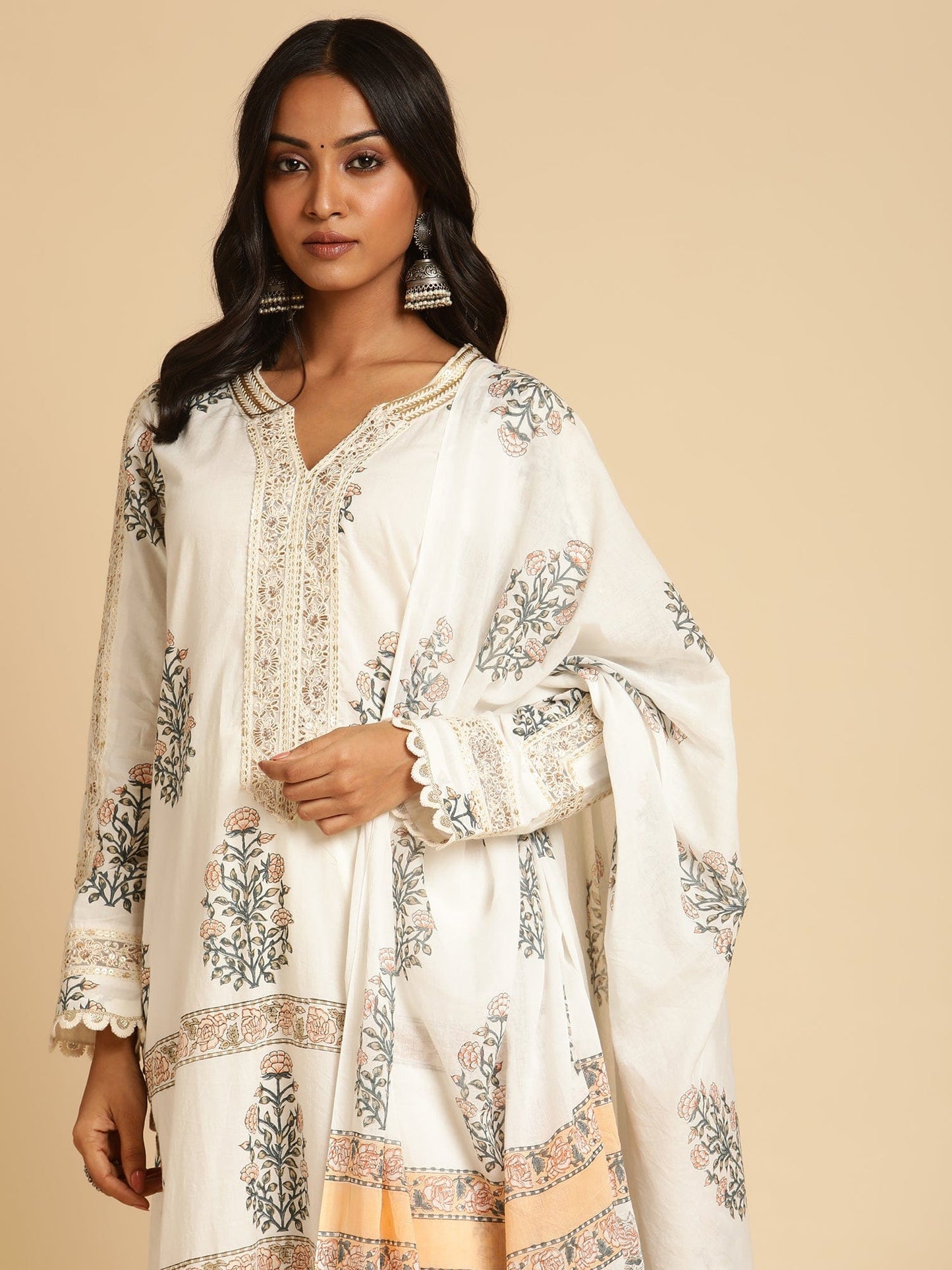 Peach Long Bootie Organic Cotton Hand Block Printed Kurta - (3 Pcs Set)