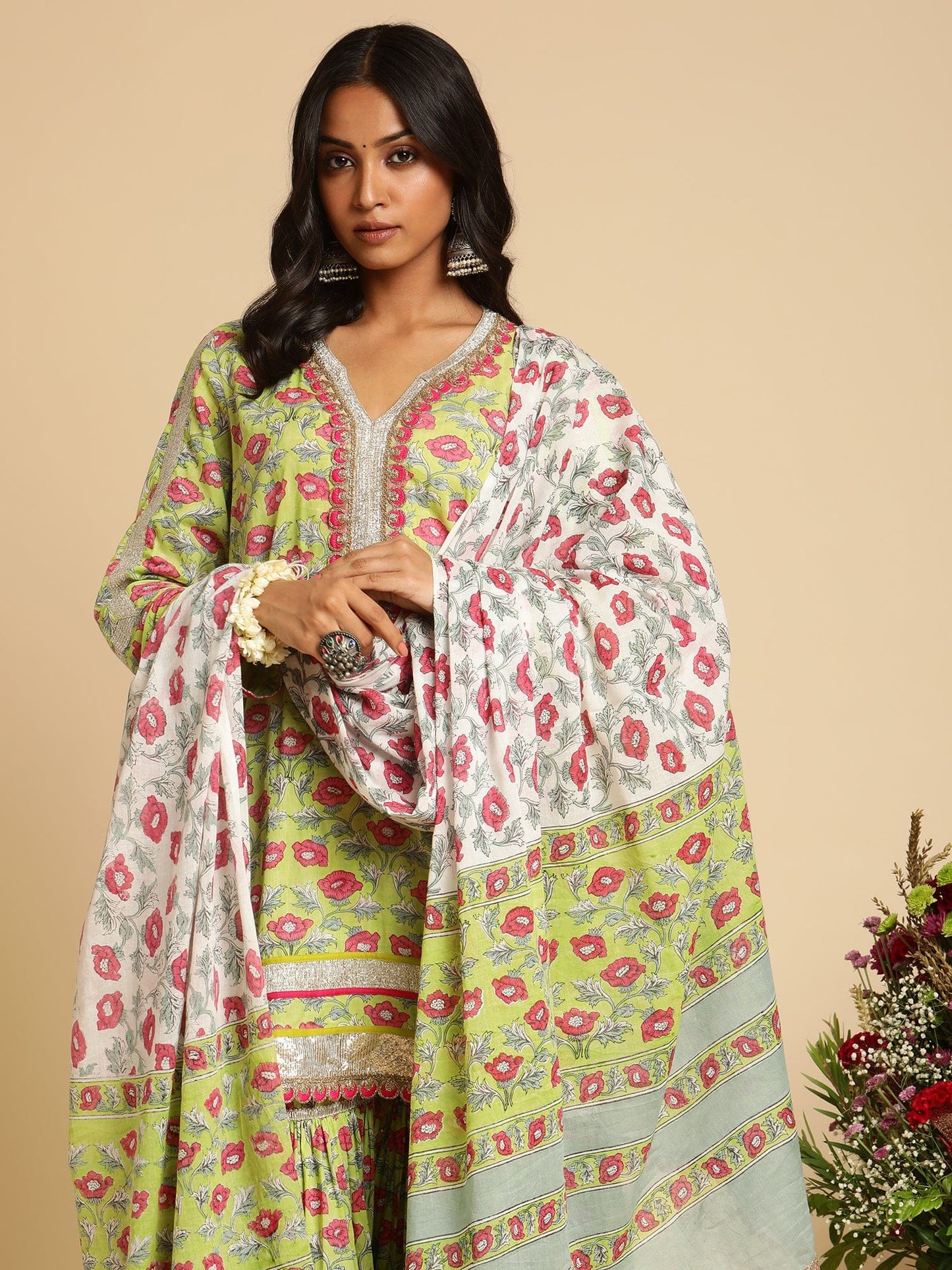 Lime Peony Organic Cotton Hand Block Printed Sharara- (3 Pcs Set)
