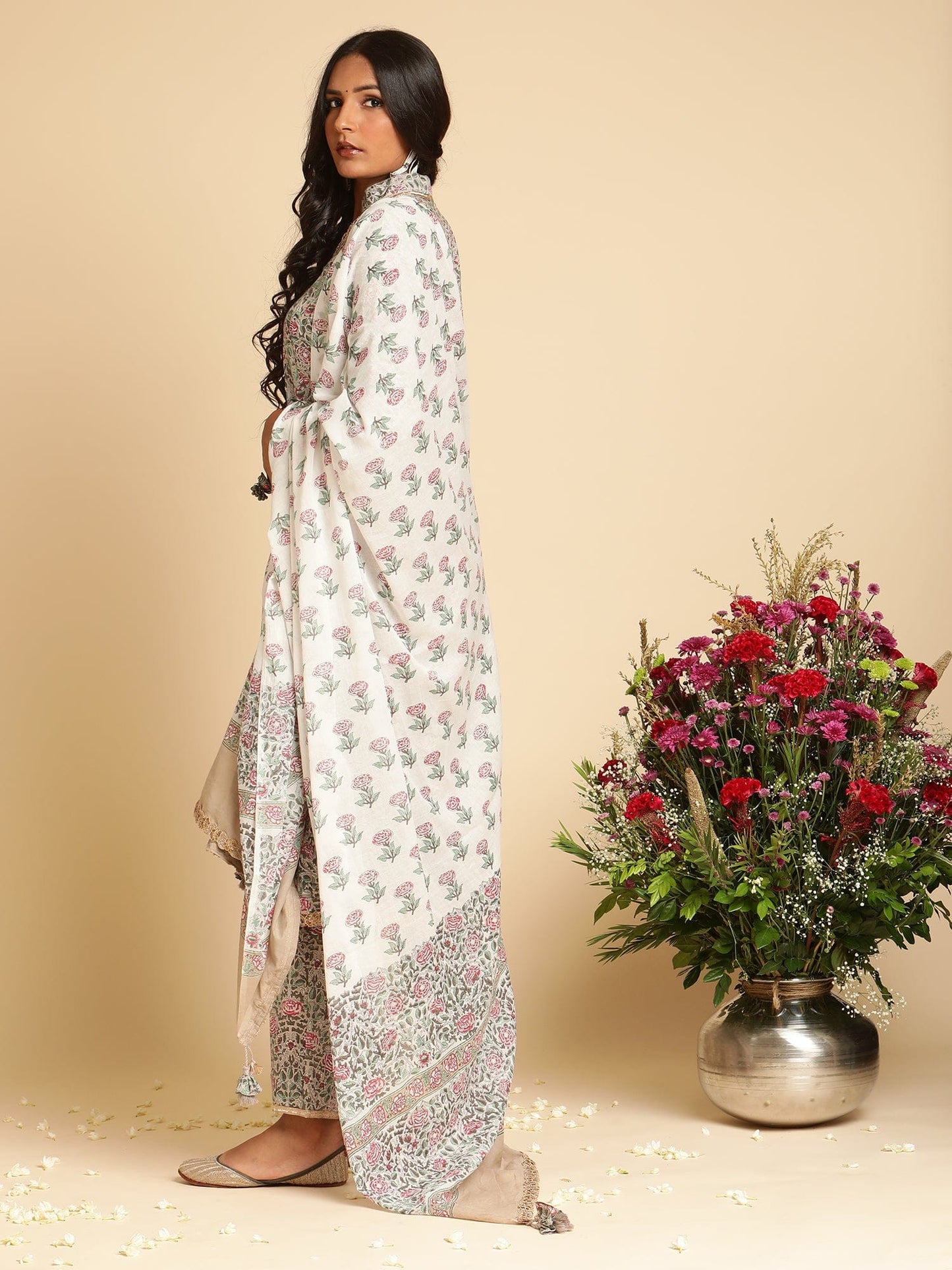 Taupe Rose Jaal Organic Cotton Hand Block Printed Kurta - (3 Pcs Set)