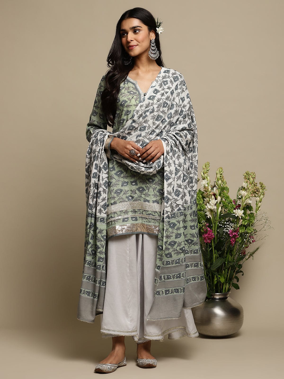 Light Green Peony Cotton Silk Hand Block Printed Sharara- (3 Pcs Set)