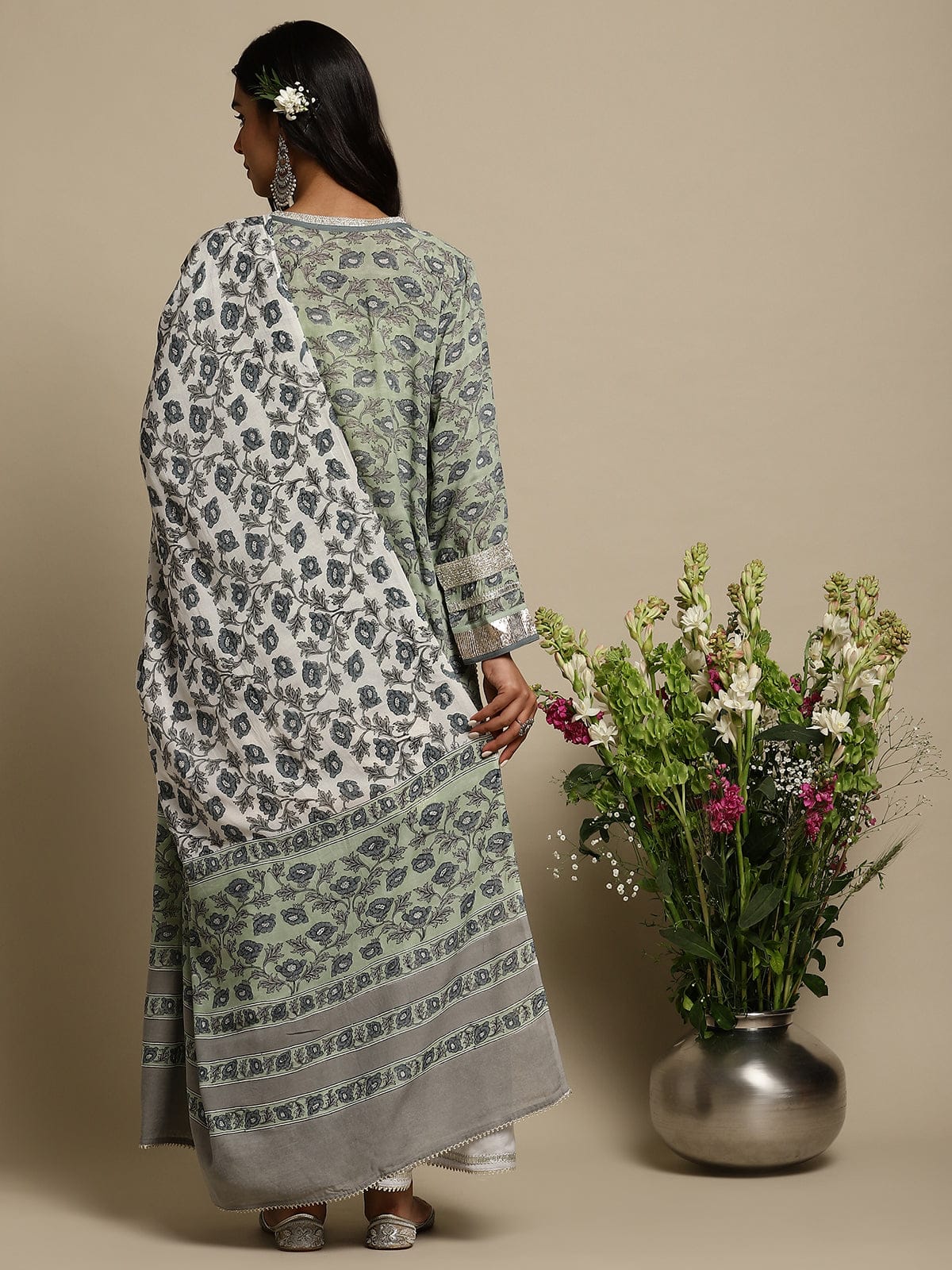 Light Green Peony Cotton Silk Hand Block Printed Sharara- (3 Pcs Set)