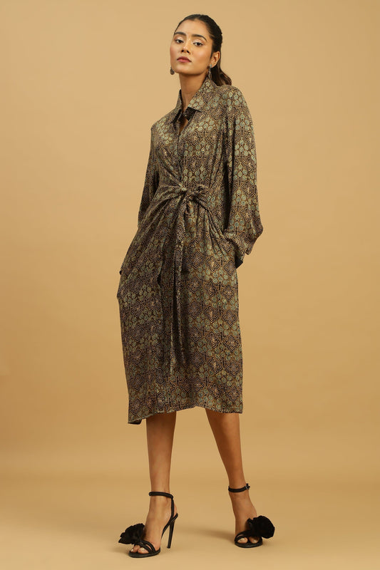TAUPE JAAL COTTON SILK AJRAKH WRAP DRESS