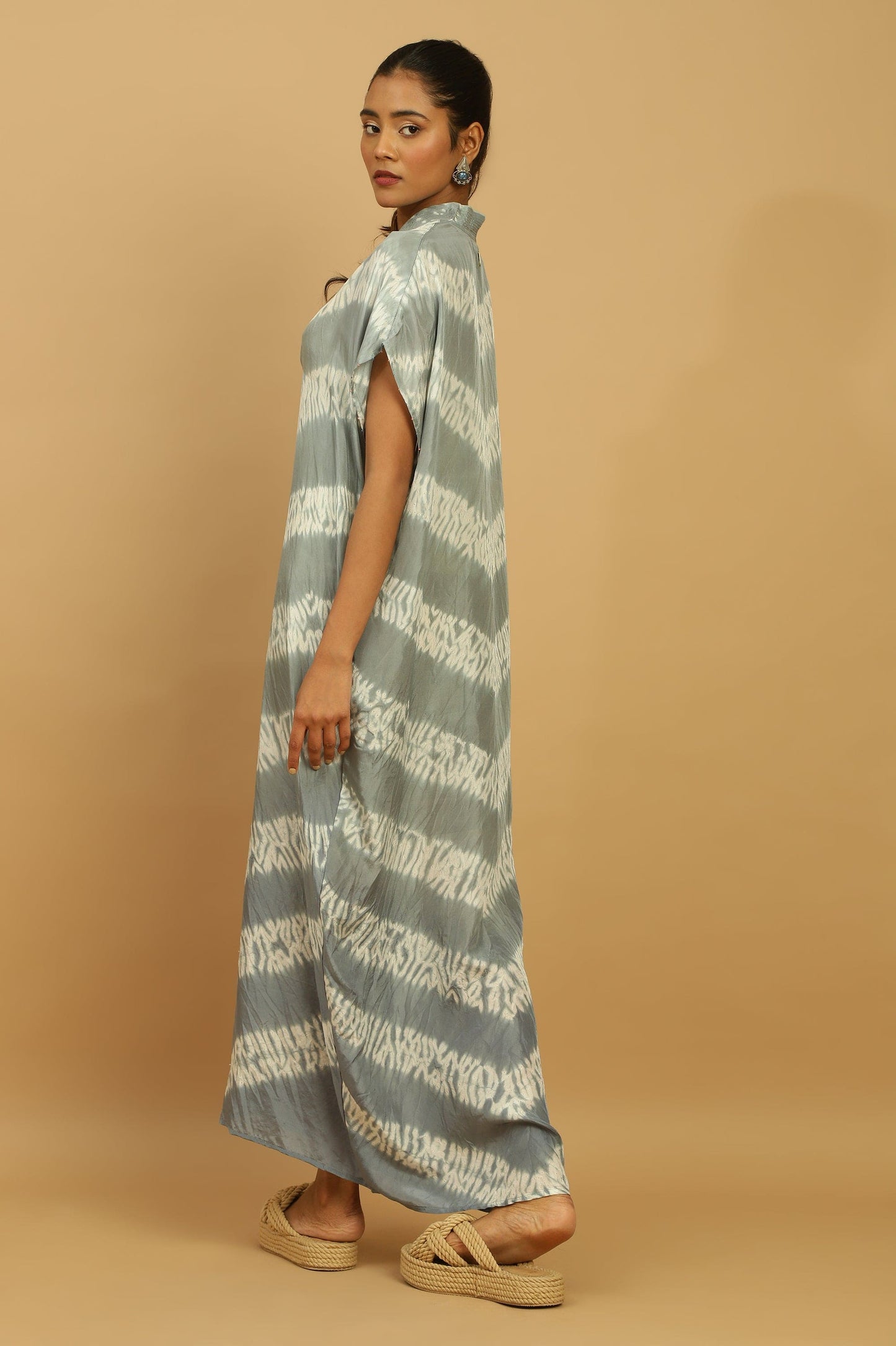 LIGHT INDIGO SHIBORI SILK KAFTAN DRESS