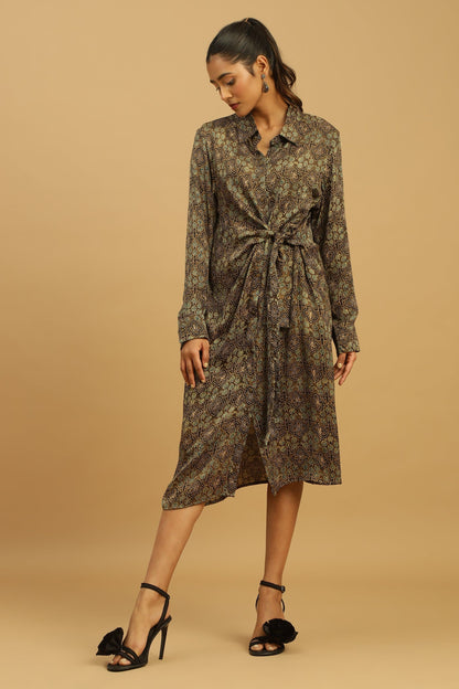TAUPE JAAL COTTON SILK AJRAKH WRAP DRESS