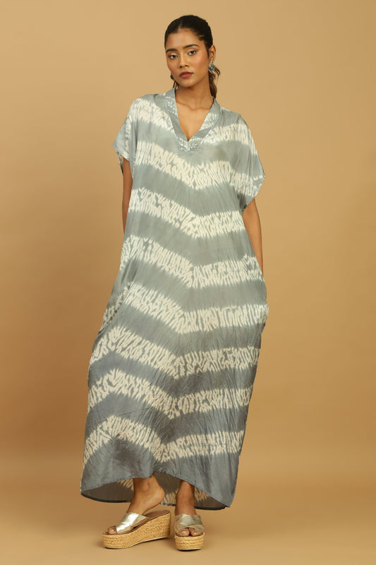 LIGHT INDIGO SHIBORI SILK KAFTAN DRESS