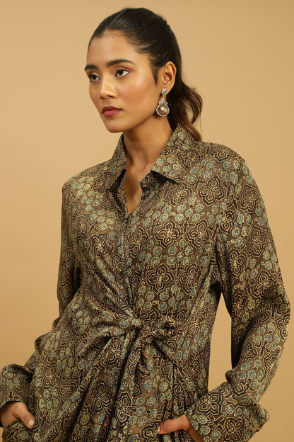 TAUPE JAAL COTTON SILK AJRAKH WRAP DRESS