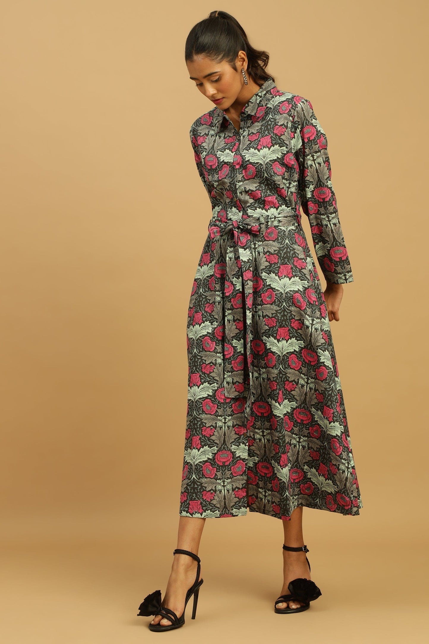 BLACK CHARCOAL POPPY ORGANIC COTTON SHIRT DRESS