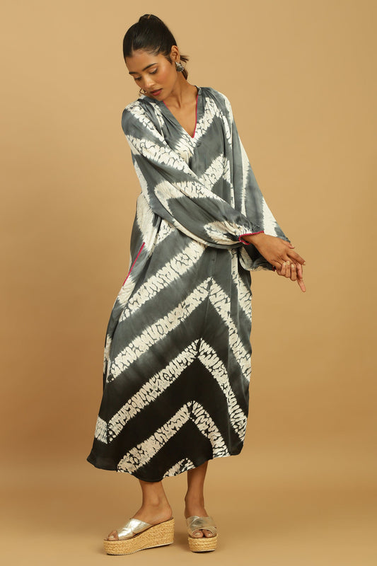 BLACK/ GREY OMBRE COTTON SILK SHIBORI DRESS
