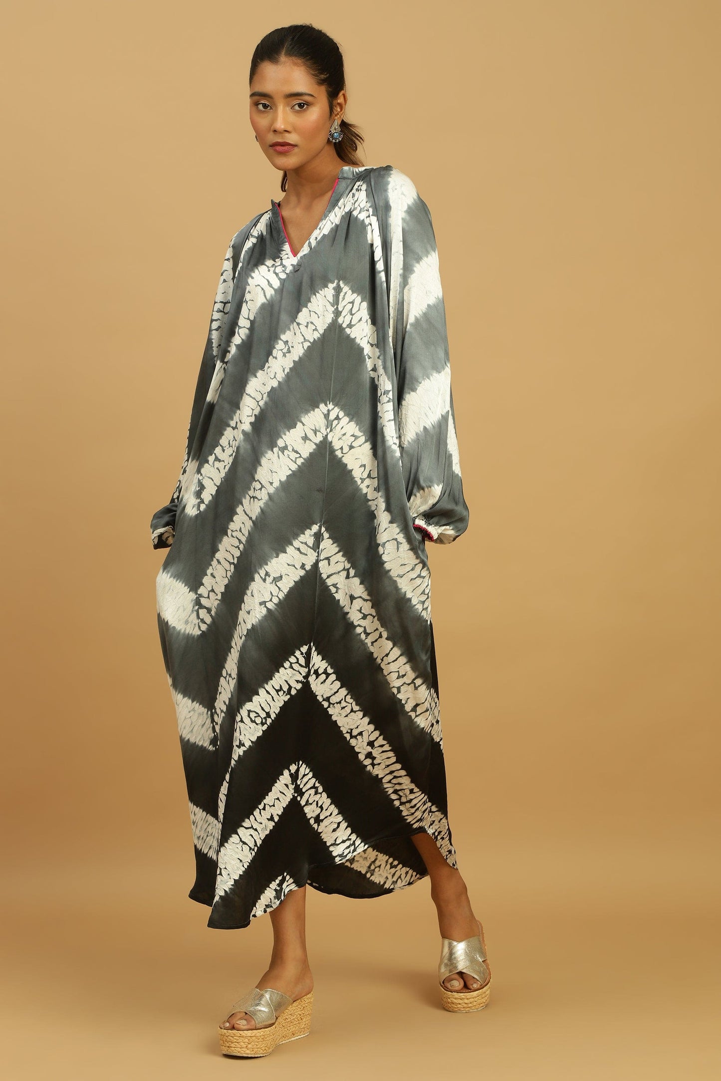 BLACK/ GREY OMBRE COTTON SILK SHIBORI DRESS