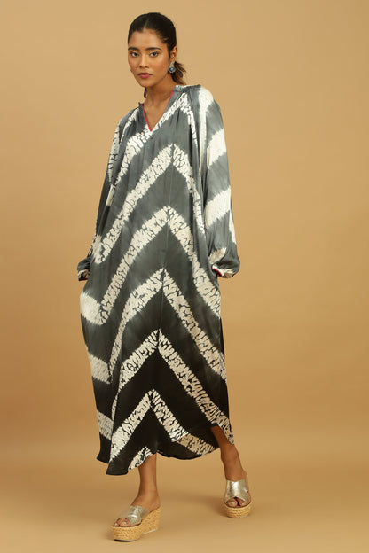 BLACK/ GREY OMBRE COTTON SILK SHIBORI DRESS