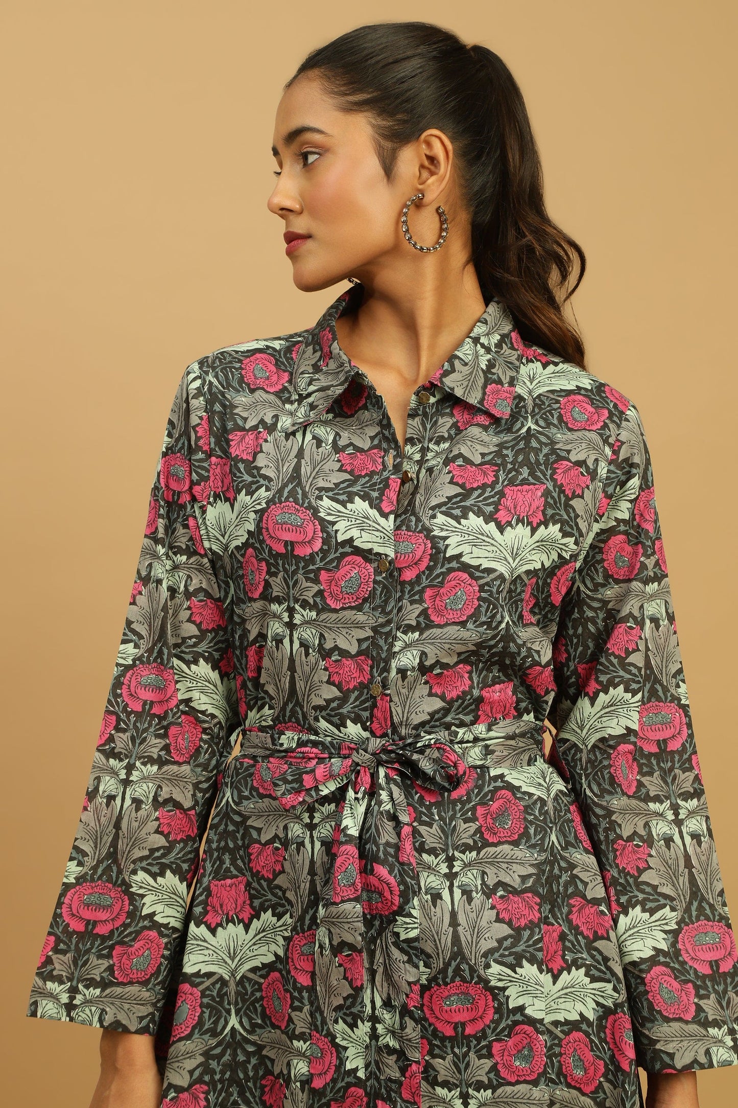 BLACK CHARCOAL POPPY ORGANIC COTTON SHIRT DRESS